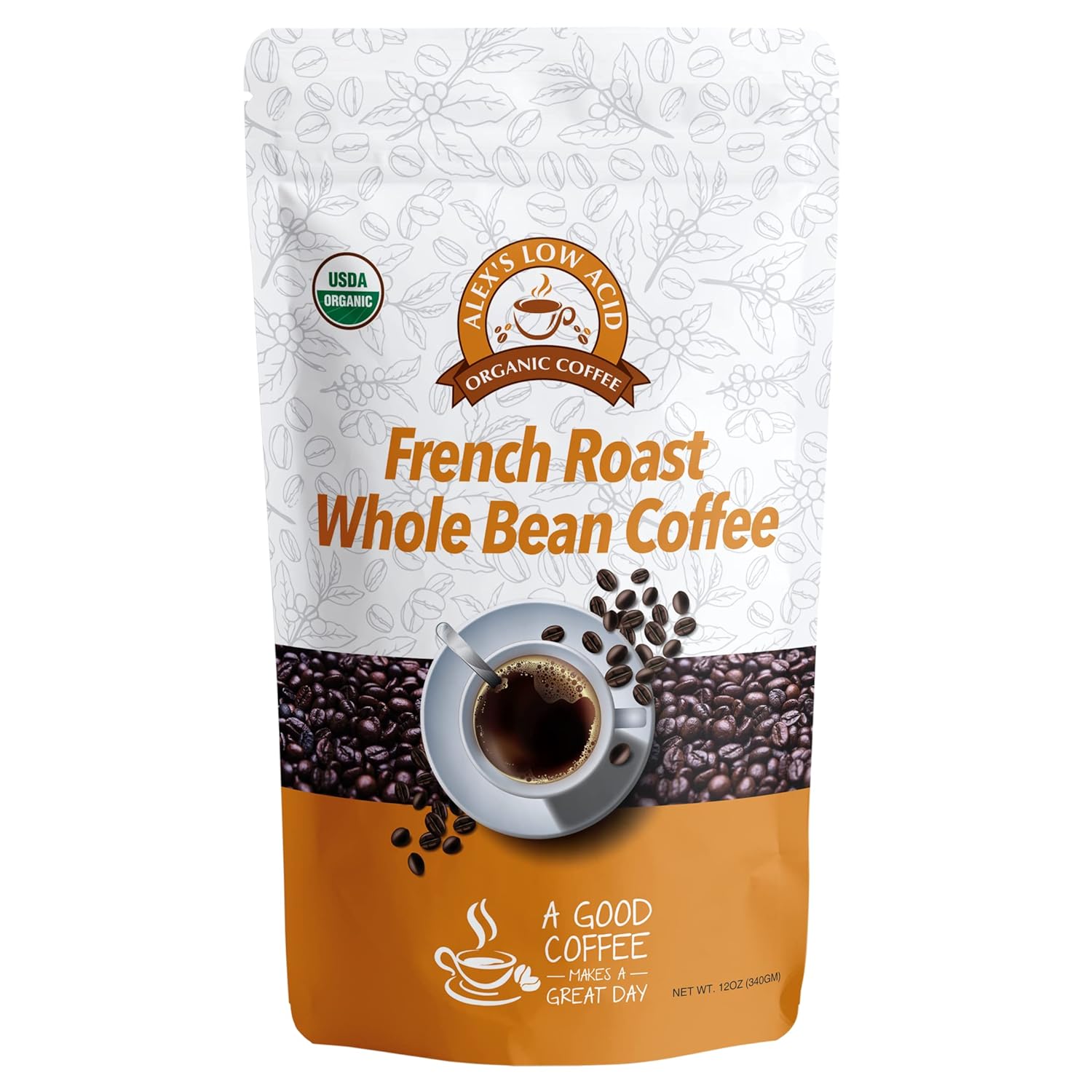 Alex’s Low Acid Organic Coffee 12oz Bag – Whole Bean French Roast (Pack of 1)