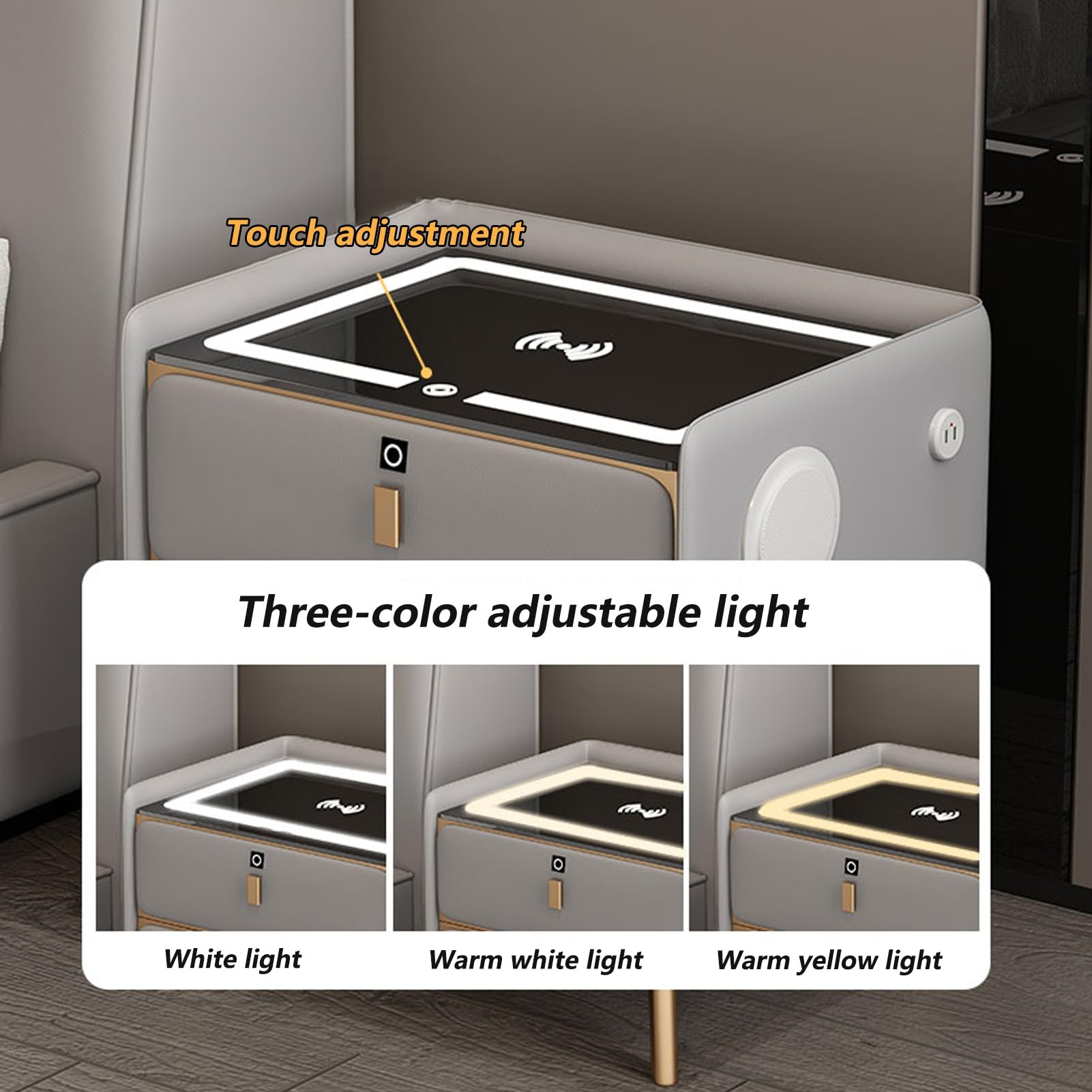 Nowoczesna biała szafka nocna ze stacją ładującą, głośnikiem Bluetooth i światłami LED, blokada odcisków palców ze szkła hartowanego, 40 x 40 x 47 cm, stylowy stolik nocny do wystroju domu