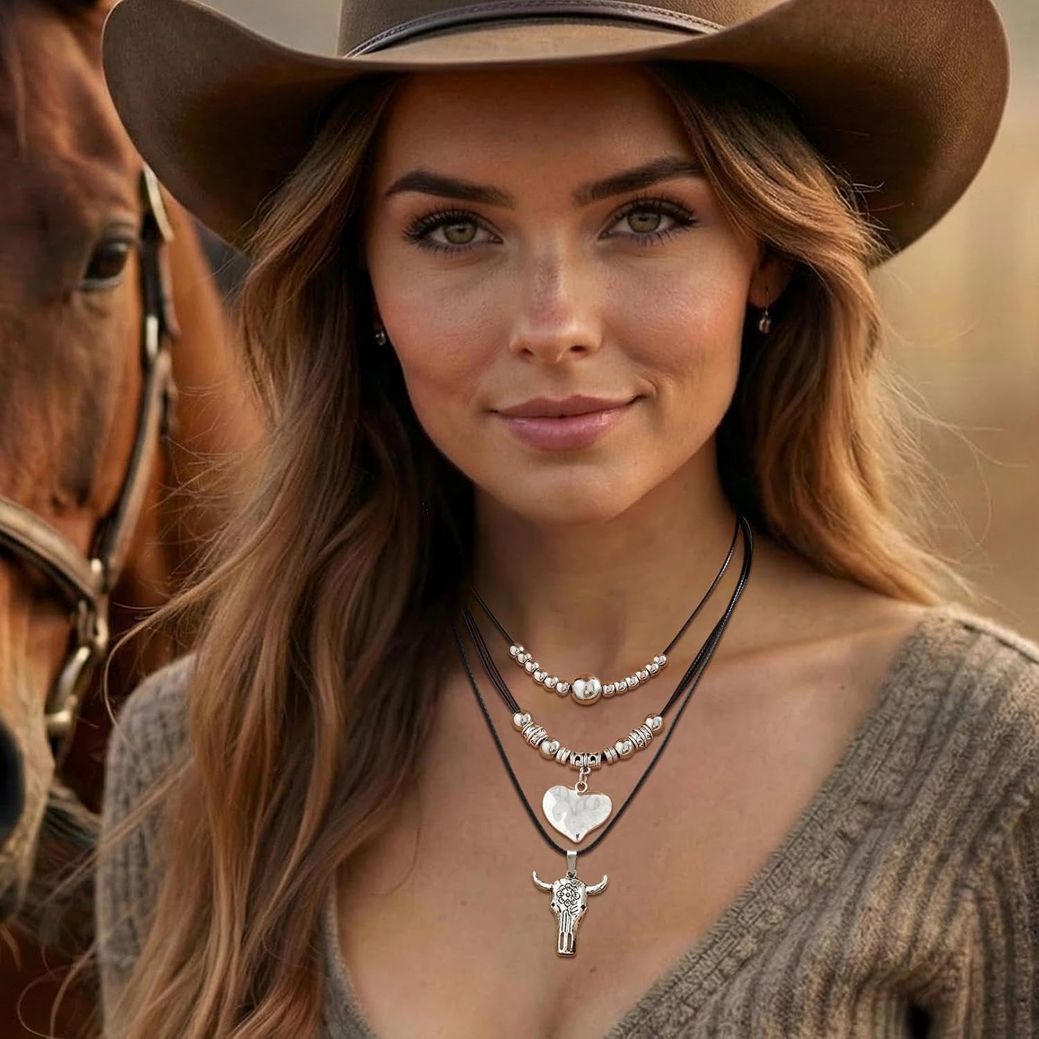 2 Pcs Western Cowgirl Necklaces for Women Boho Heart Beads Layered Choker Necklaces Rodeo Bull Head Necklace Faux Leather Rope Boho Jewelry Country Concert Western Outfits for Men Women - Image 4