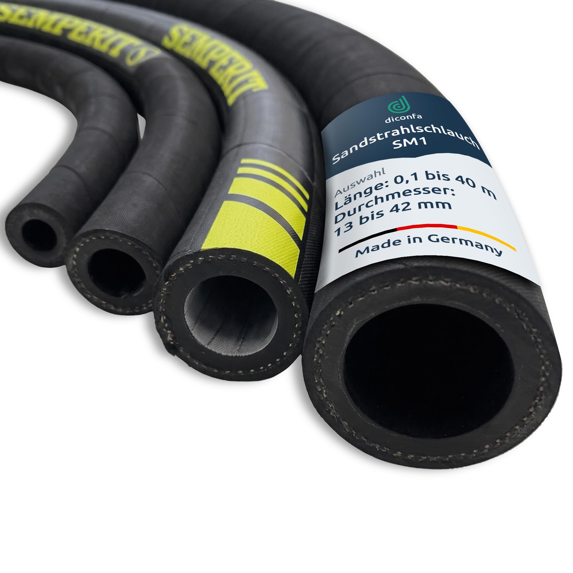 diconfa PROFI Sandstrahlschlauch SM1® STRAHLMEISTER® nach Maß - Durchmesser 13mm bis 42mm - Länge: 0,1m bis 40m - 13mm x 7mm, 4m lang - Gummischlauch Sandstrahlen EN ISO 3861 SEHR abriebfest