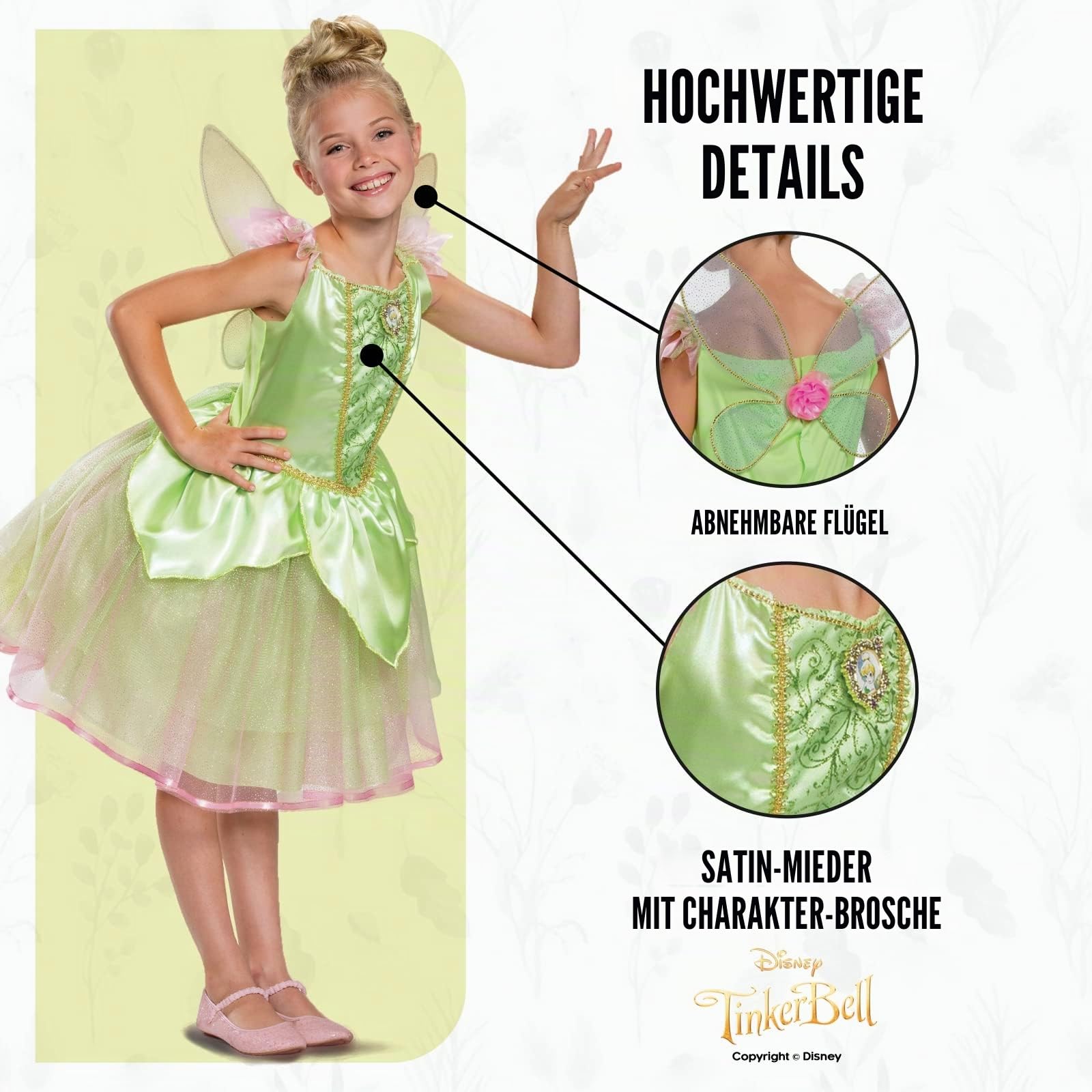 Disney Peter Pan Tinkerbell Verkleidung für Kinder, offizielles Lizenzprodukt von Disguise, süßes Tinkerbell-Kleid für Mädchen, funkelndes Mieder und Netzrock, inklusive abnehmbaren Feenflügeln, für 5
