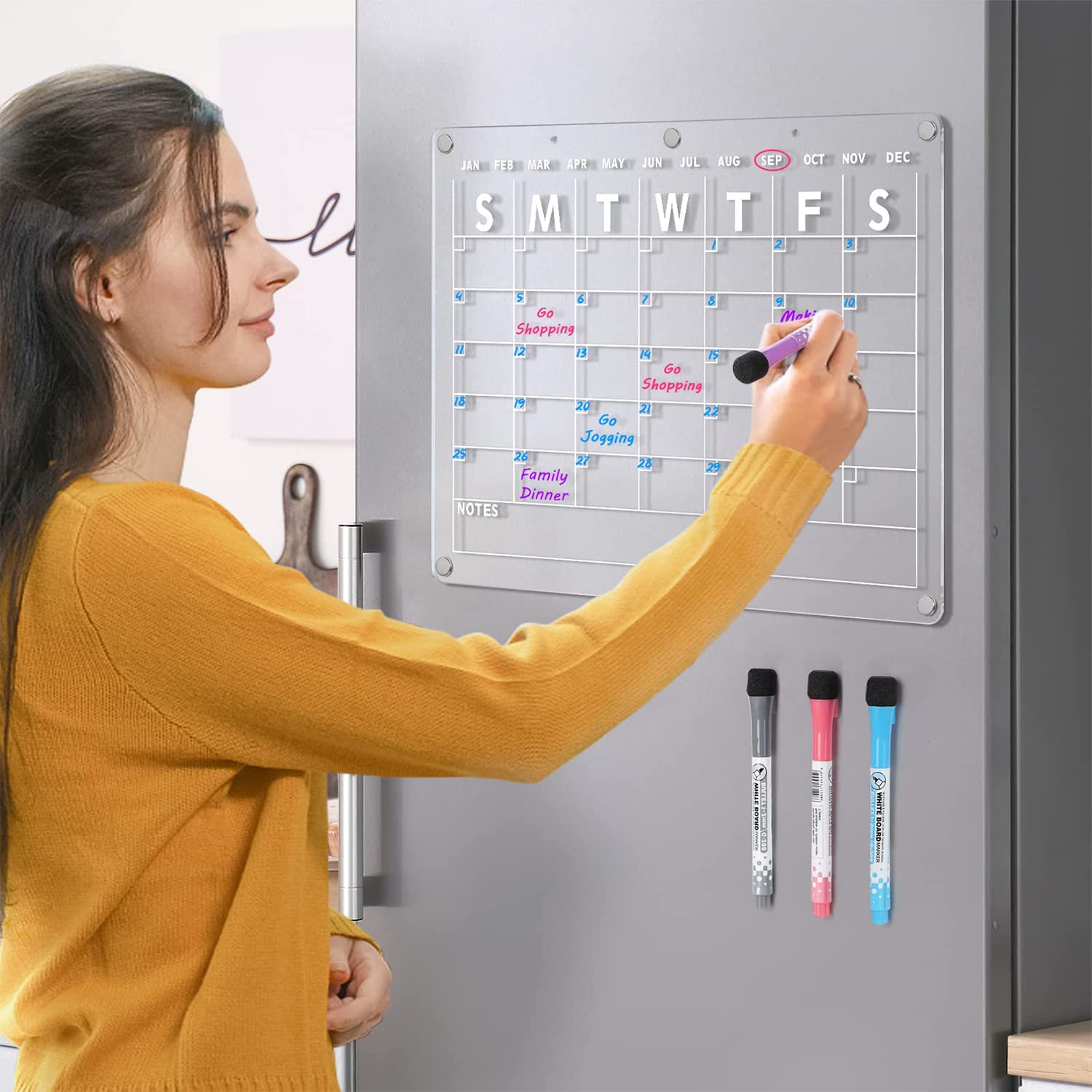 Acrylic Magnetic Calendar For Fridge Set Of 2 Dry Erase Calendar Reusable Planning Boards Monthly & Weekly, With 6 Dark Colored Erasable Markers & Adhesive Mount For Wall 40x30cm