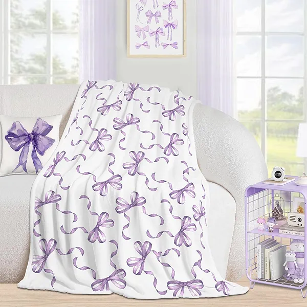 yuboo Purple Bow Throw Blanket, Coquette for Girls Women Teens, Soft Flannel Lightweight Cute Bowknot Blanket for Preppy Spring Decorations, 50 x 60In