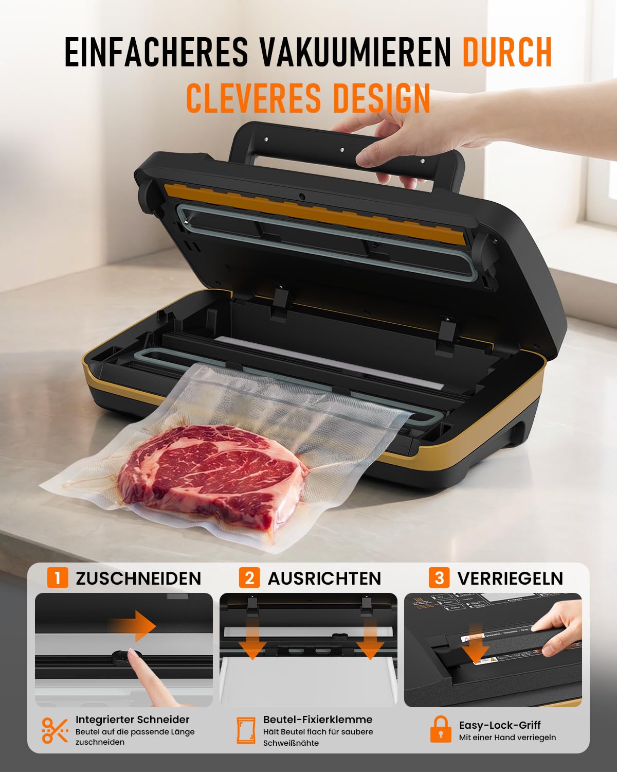 Vakuumiergerät 95 kPa Profi 18-in-1 doppelte Schweißnaht Folienschweißgerät mit Cutter Rollenfach Trocken-Feucht-Modus Sous Vide