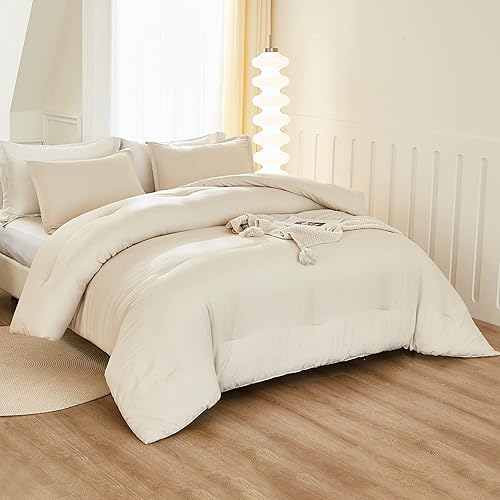 Miniatura 5 de Litanika Edredón de tamaño King, color beige, juego de ropa de cama y colecciones bohemias ligeras de 3 piezas, edredón de plumón alternativo para