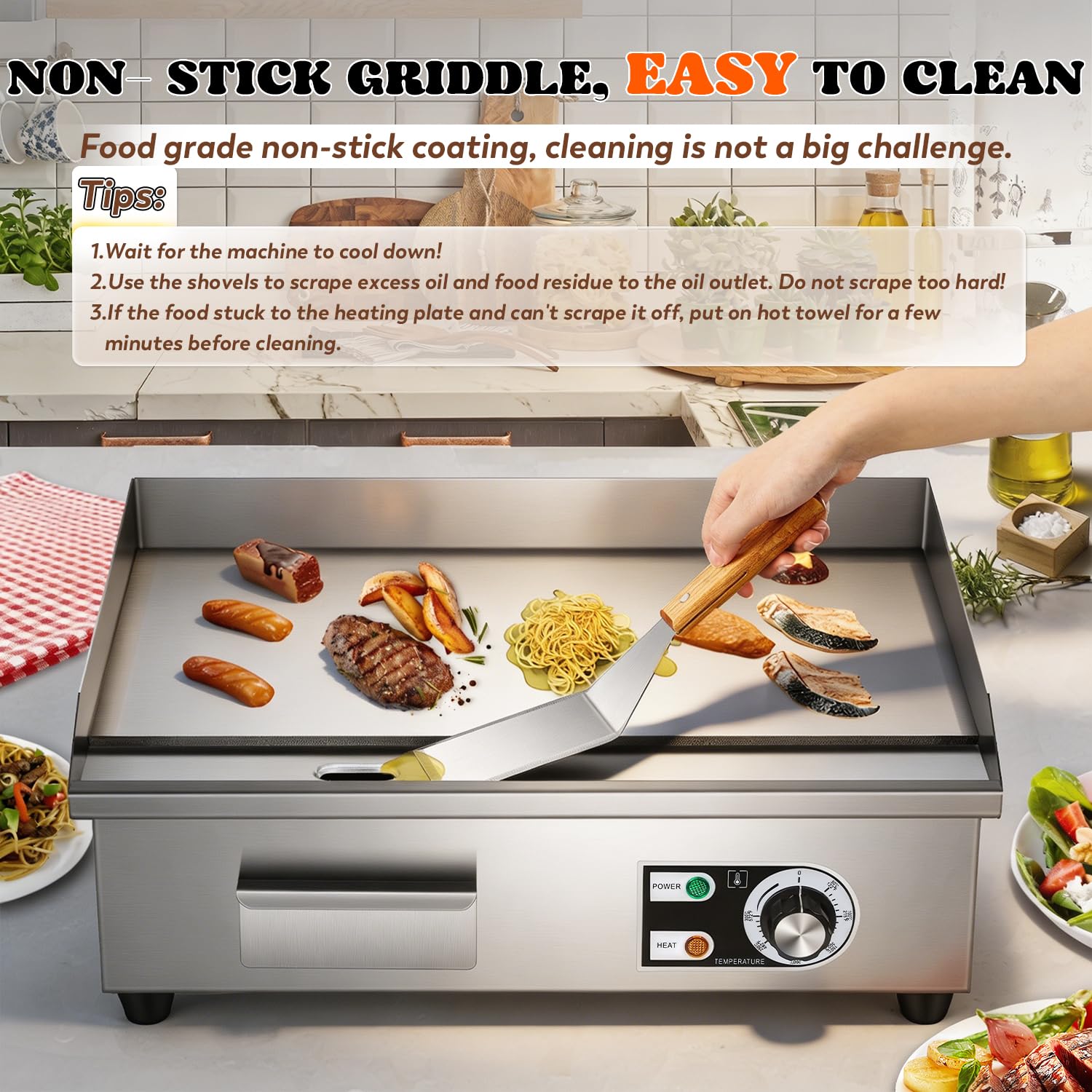 Moongiantgo Piastra Elettrica Commerciale 22" 3000W, Grill in Acciaio Inox con Scatola Olio Rimovibile e Temperatura Regolabile (0-300°C), Piastra Teppanyaki Antiaderente per Ristoranti, Cucine (22'')