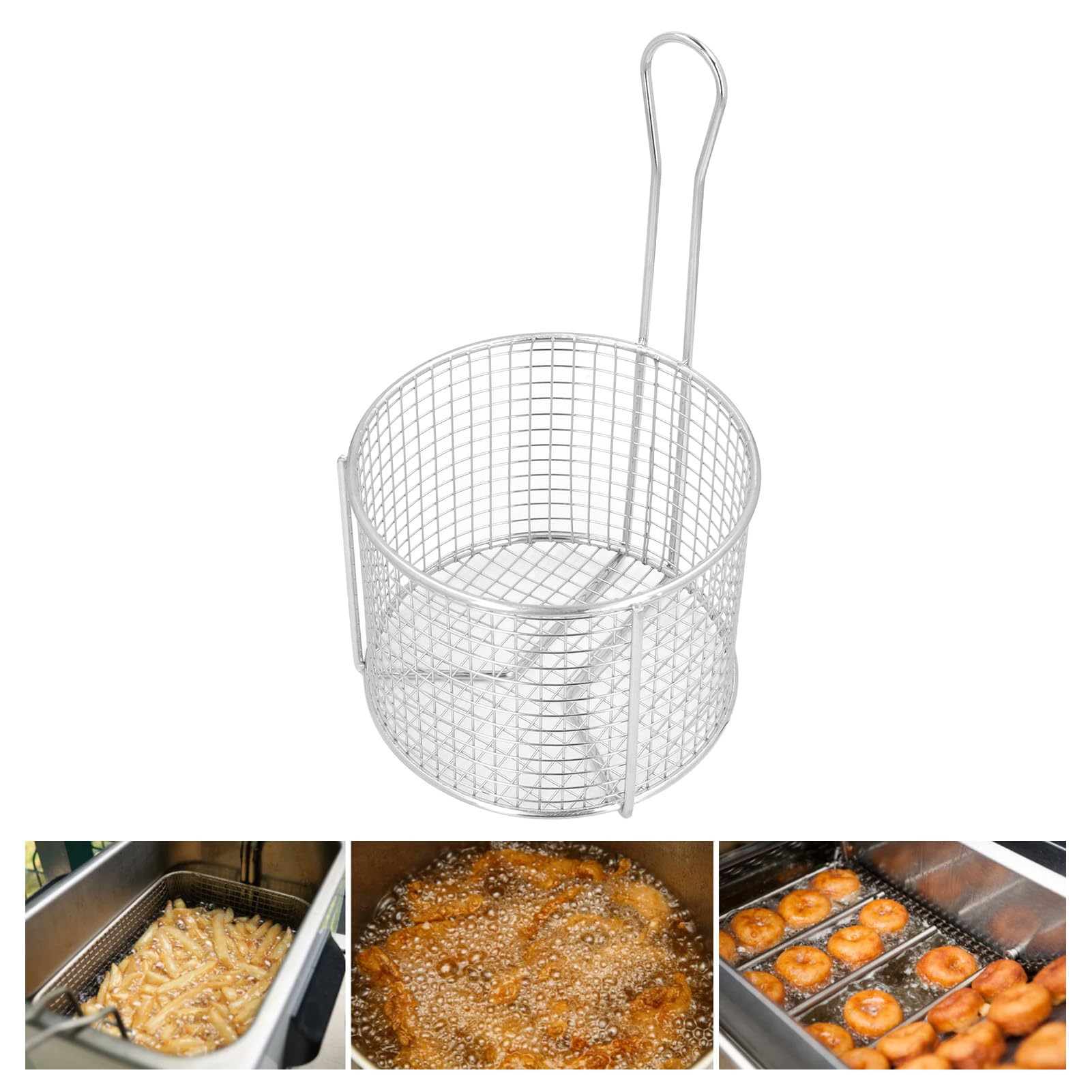 Panier à frites en acier inoxydable, rond avec poignée (Maillage clairsemé)