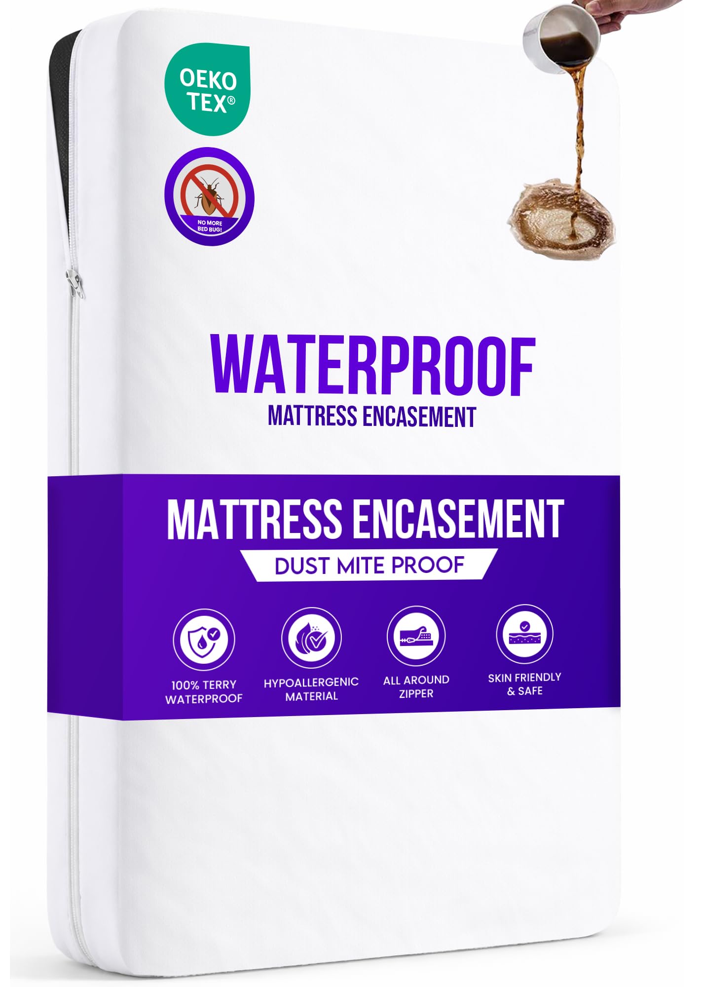 Sunshine Comforts White Waterproof Mattress Encasement King Bed (150X200x30cm), Premium Zippered Mattress Protector, Bed Bug & Dust Mite Proof, Hypoallergenic & Washable Mattress Cover,