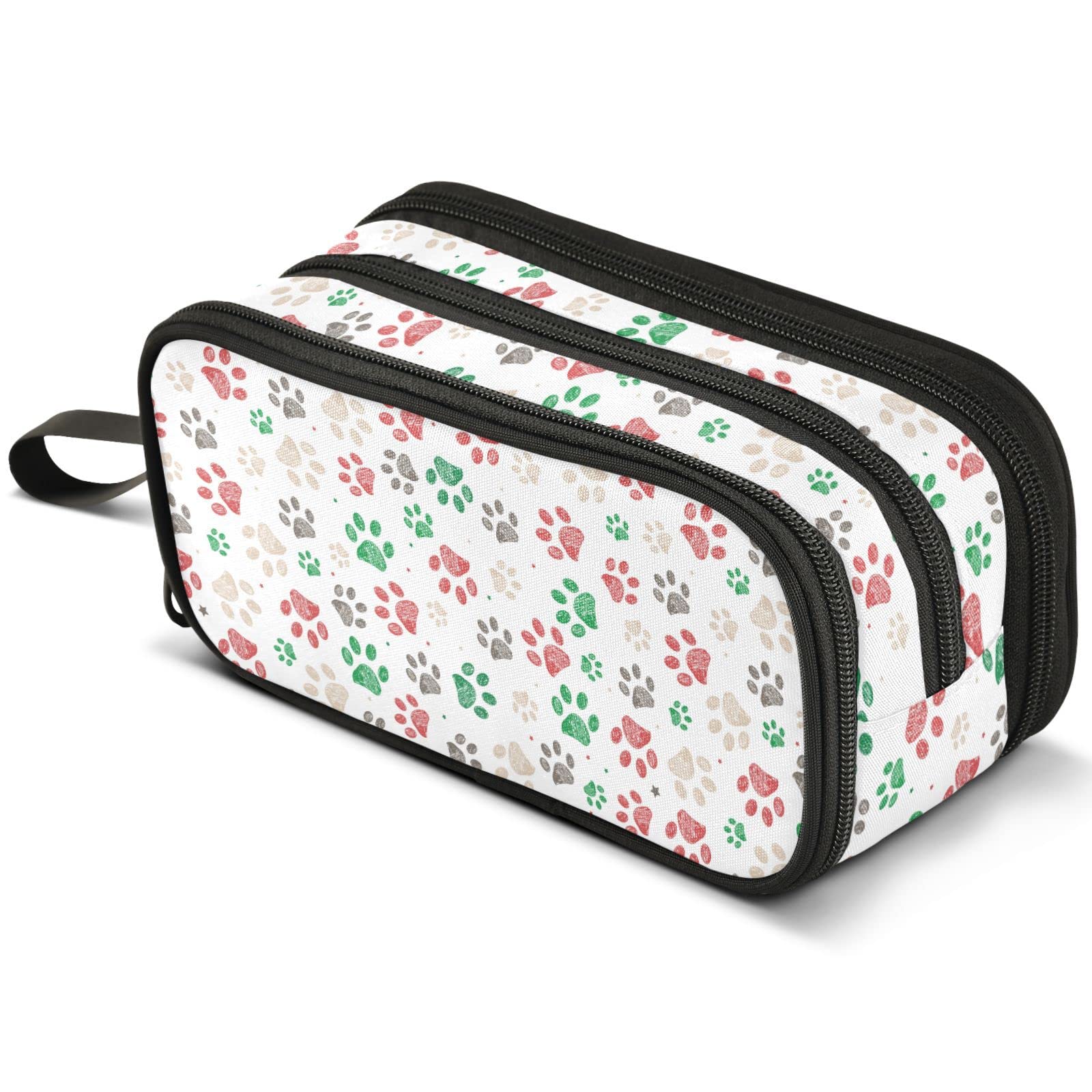 Mnsruu Christmas Doodle Dog Paw Pencil Case Large Capacity Pen Pouch Pencil Bag with 3 Compartments Pen Holder Organizer Stationery Bag for Girls Boys and Adults
