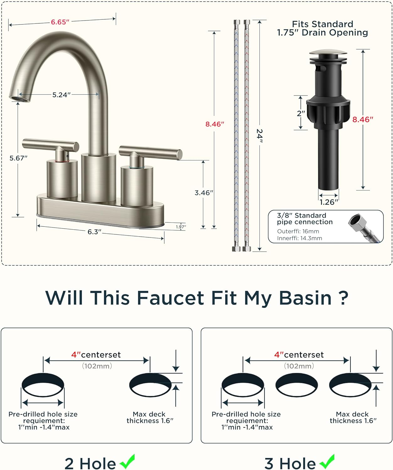 Faucet dimensions and basin مطابقت گائیڈ