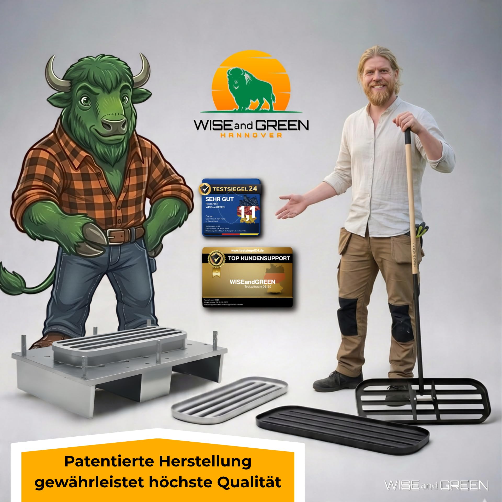 Rasenrakel für Ebenen Rasen | WISEandGREEN 80x30cm | Edelstahl | Kein Verhaken · Abgerundete Ecken · Holzstiel · Nivellierrechen