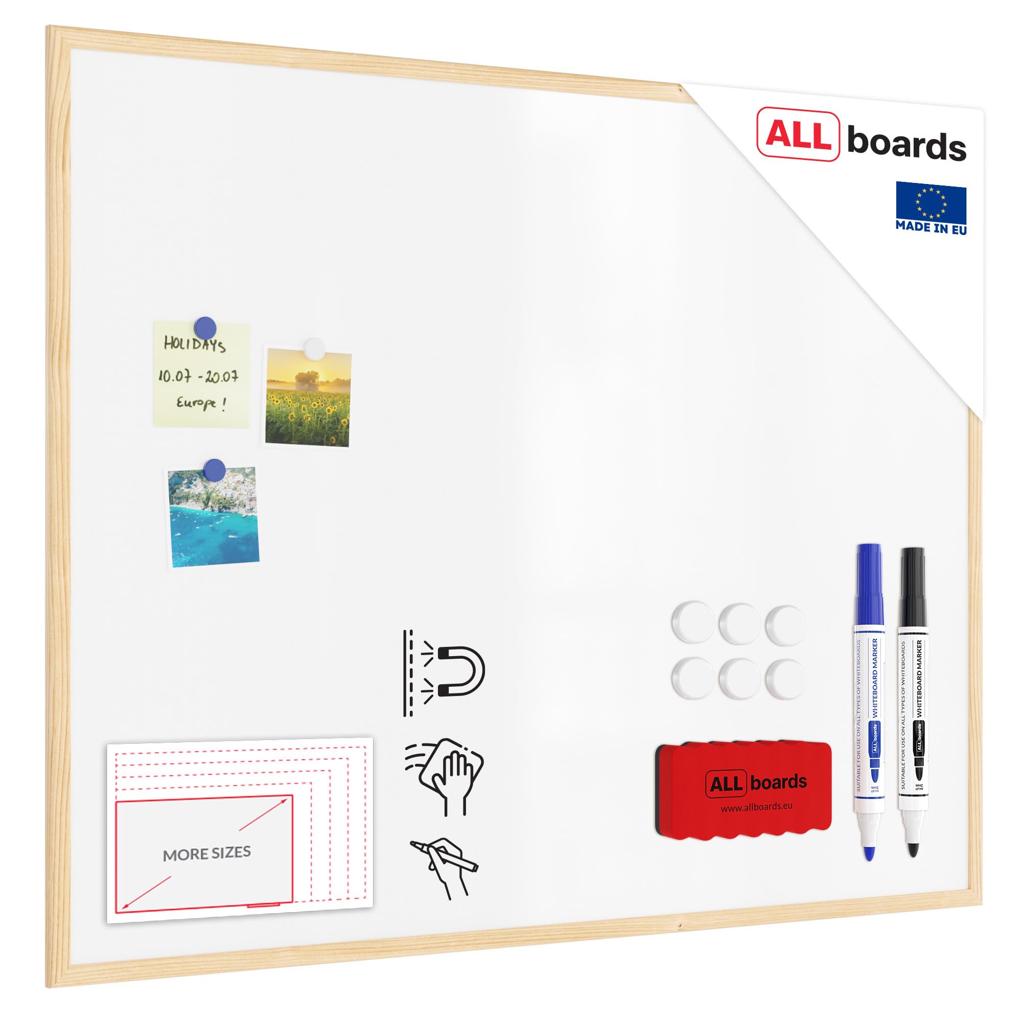 ALLboards Whiteboard with Wooden Frame 100x80cm, Magnetic Board Dry Wipe Dry Erase โ image 1