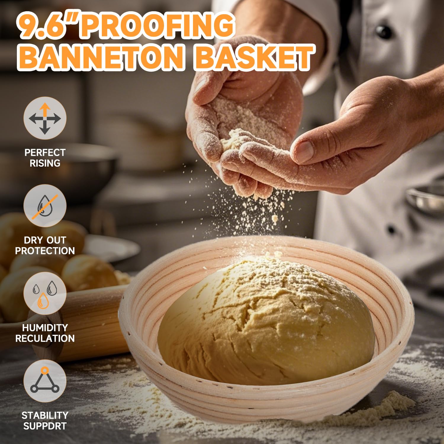 Dutch Oven Brotbackset aus Gusseisen, 10-teiliges Set mit Banneton-Korb, Teigschaber, Pizzaschaufel, Brotlame, Schneebesen, Bürste und Silikongriffen mit Bratpfannendeckel, Kochpfannengriffen, Lame,