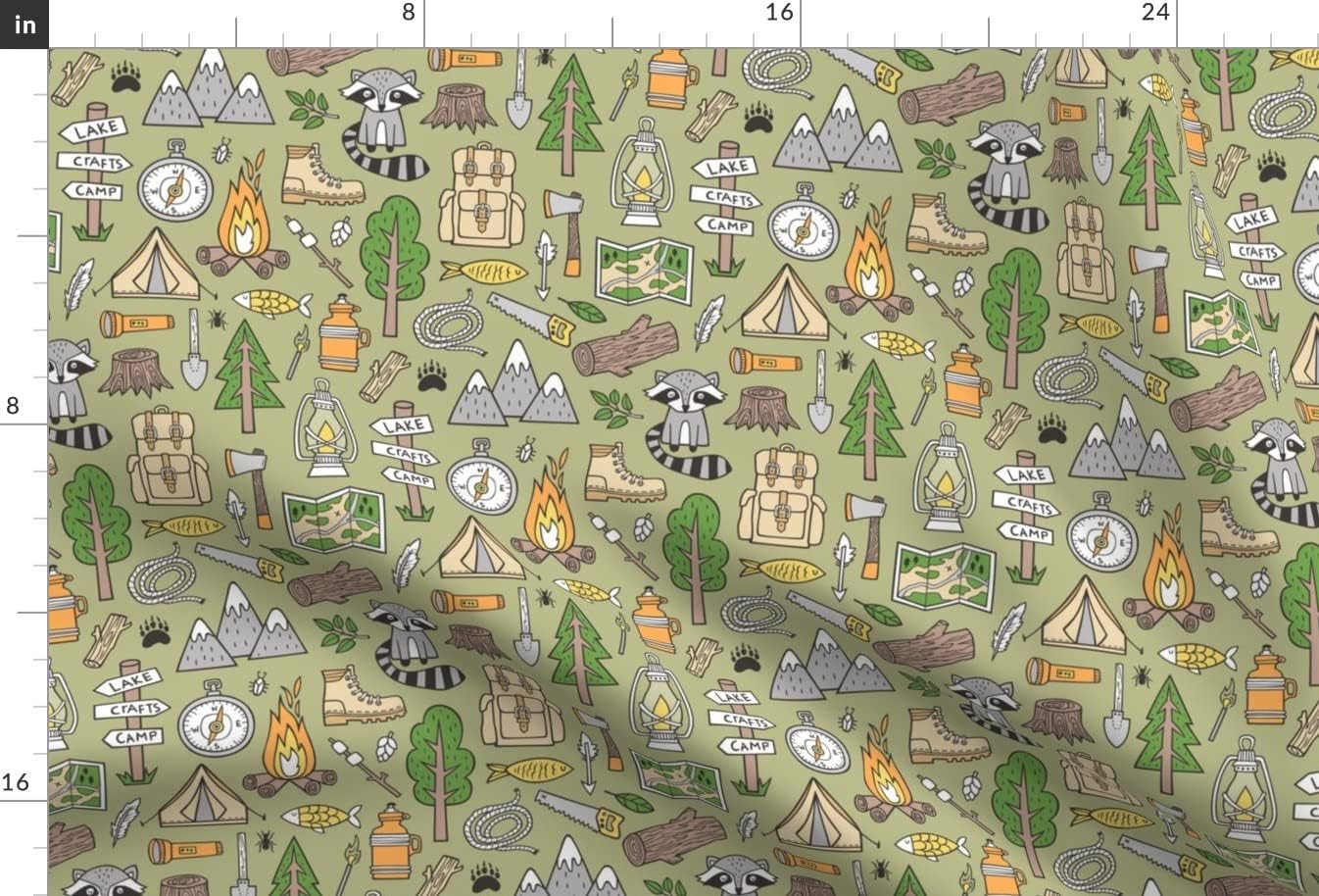 Spoonflower Fabric - Outdoors Camping Woodland Doodle Campfire Raccoon Mountains Trees Logs Printed on Upholstery Velvet Fabric Fat Quarter - Upholstery Home Decor Bottomweight Apparel
