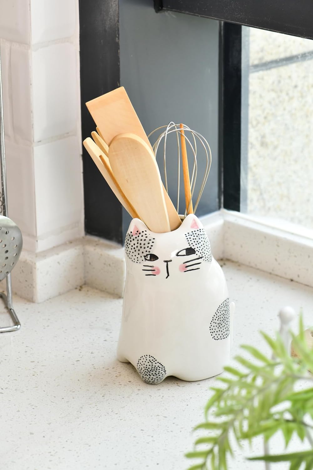 Bico Cartoon Cat Utensil Holder, Handpainted Stoneware, Dishwasher Safe