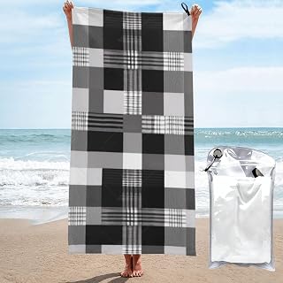 BWWHCCTI Monochrome Plaid Printed Quick Drying Bath Towel 27.5x55 Inch, Microfiber Bathroom Shower Towels Absorbent Beach Towel with PVC Bag for Travel Yoga Spa Sport