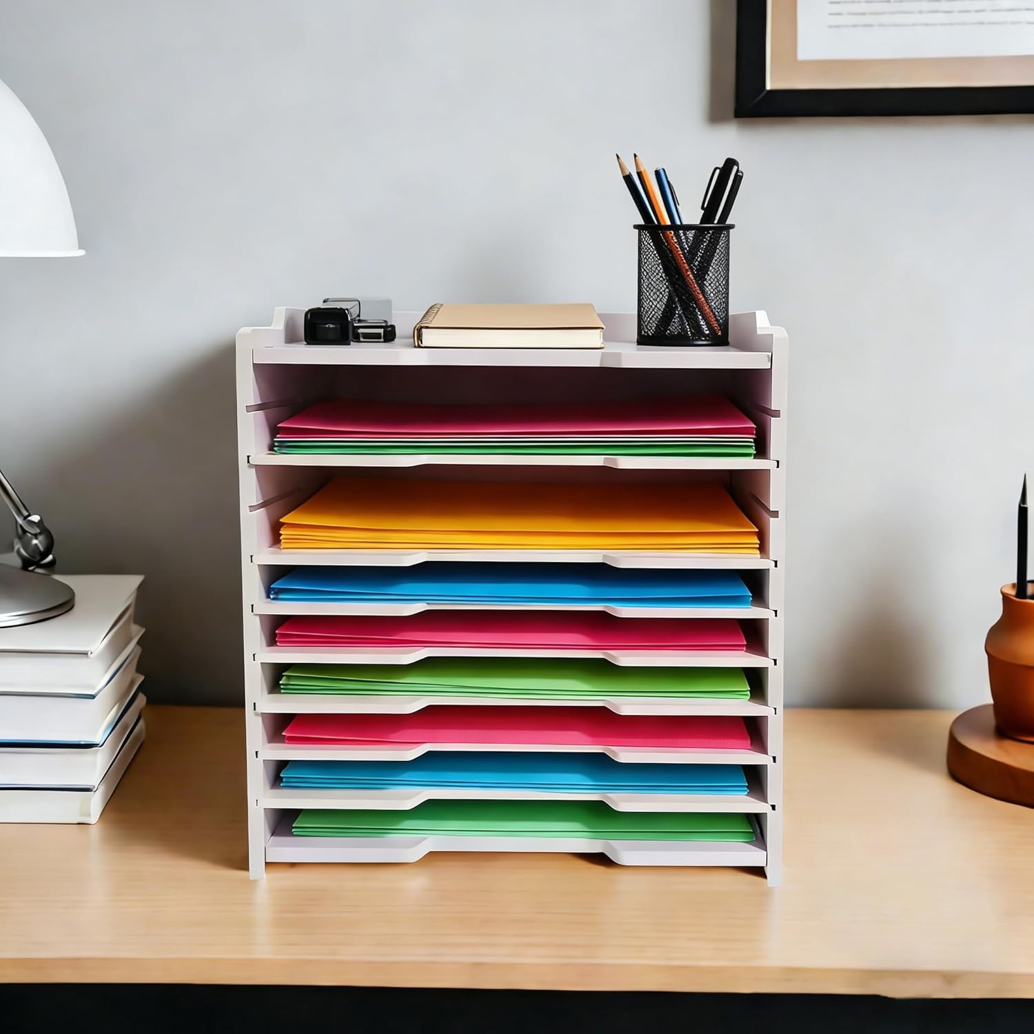YFS 9 * 13 Inches Standard Horizontal Letter Tray, Multi-Tier Desktop File Organizer, Paper Document Mail Sorter, Desk Storage Rack, File Holder for Home Office Classroom（8 Tier-Portrait）