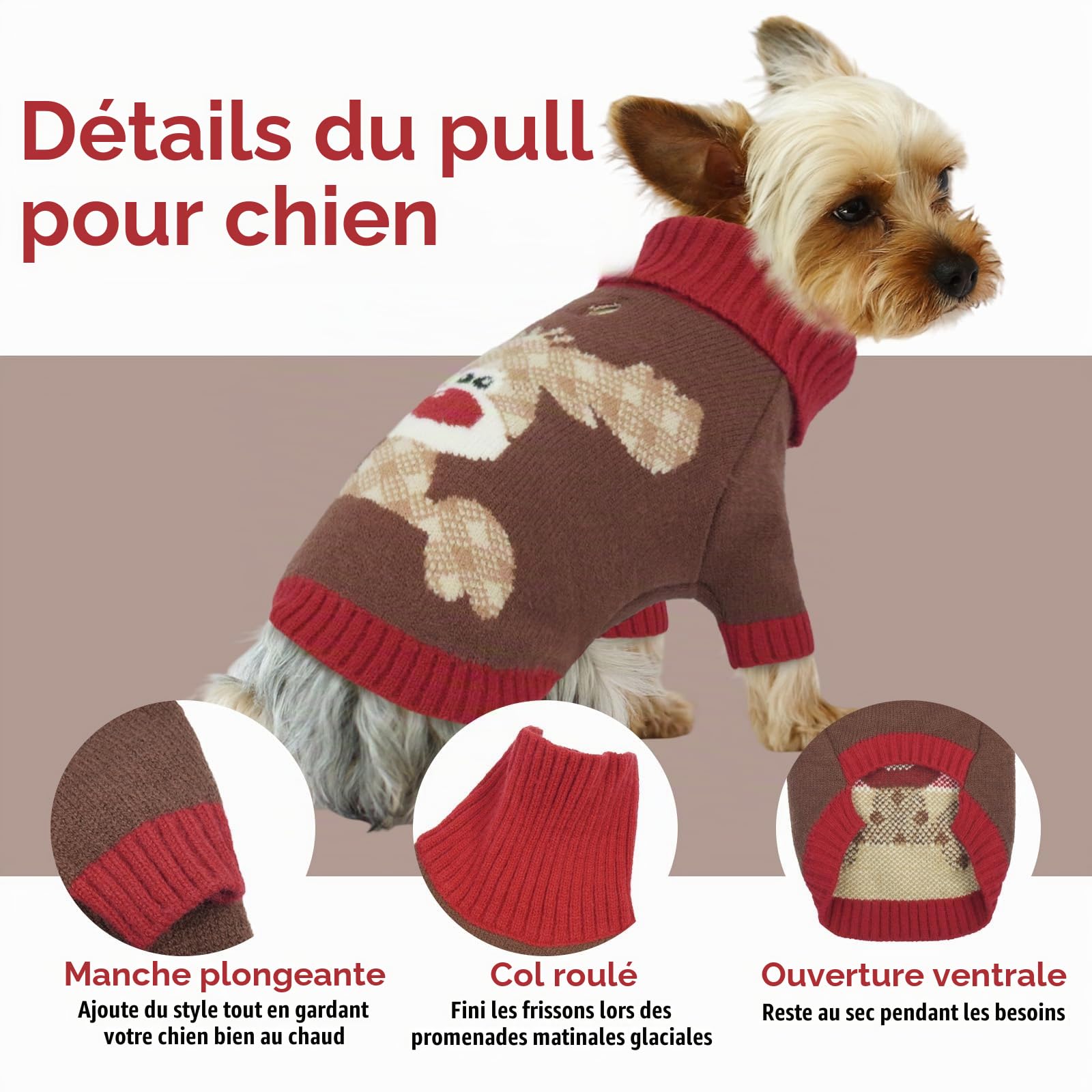 Pull Noel Chien, Sweat Chaud avec Motif Renne Pull Over Hiver Col Roulé avec Ouverture pour Laisse, pour Cocker, Westie, Shiba Inu, Marron XL