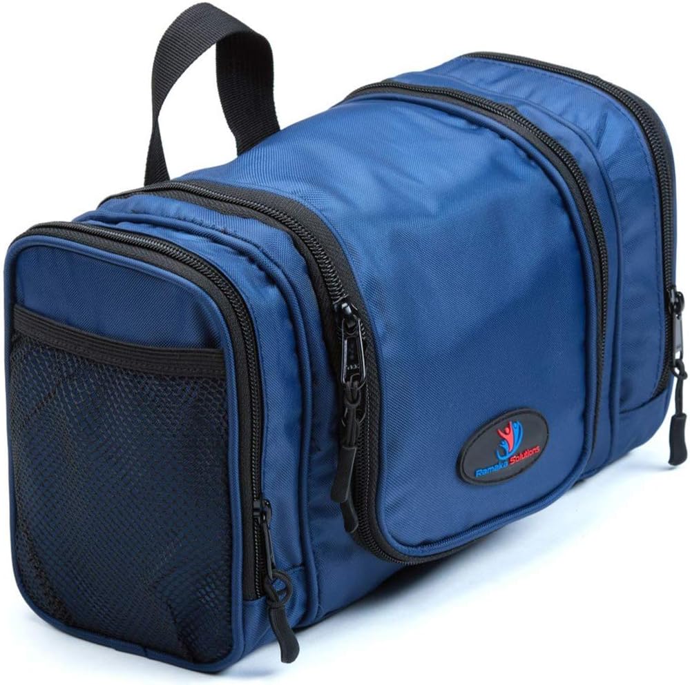 Travel Toiletry Bag | Large Men’s Toiletry Bag | Hanging Toiletry Bag | Toiletry Kit | Travel Bags for Toiletries by Ramaka Solutions | Stain and Water Resistant Nylon (10.5” x 5” x 5.5”) (Navy Blue)