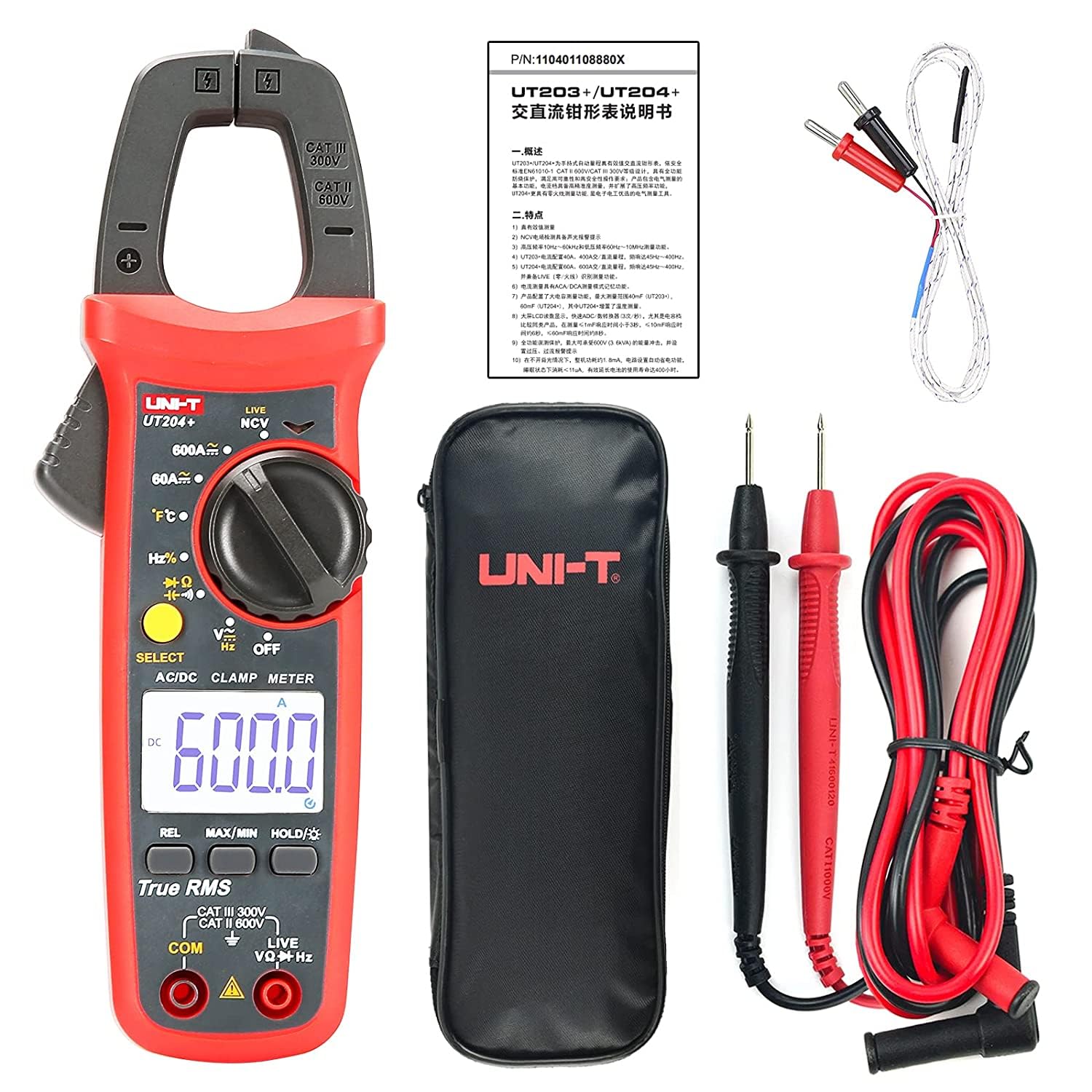 UNI-T UT201+/UT202+/UT203+/UT204+/UT202A+ AC/DC 600A/600V Digital Ammeter Clamp Meter DC AC for Measuring Ammeter Voltmeter Ohm Tester(UT204+)