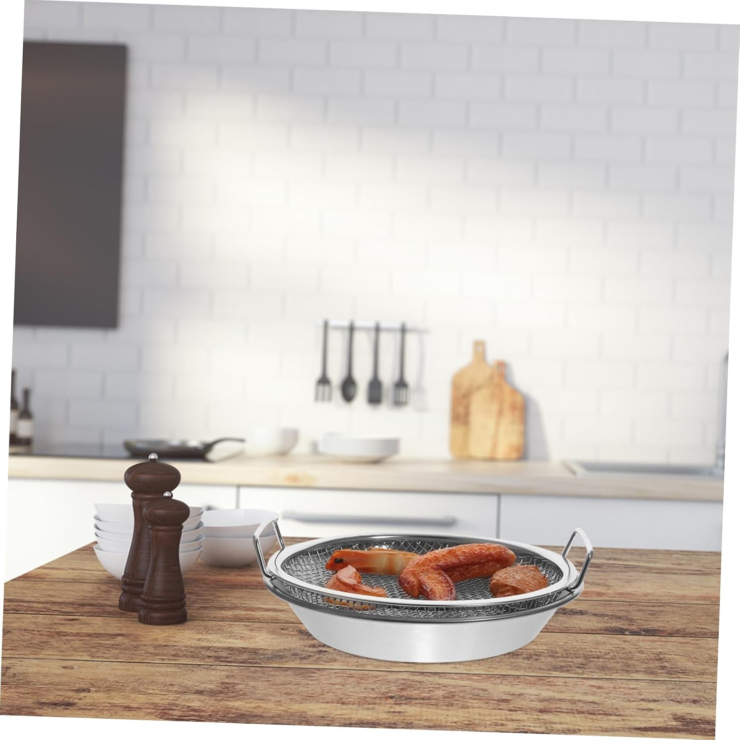 Mikinona Stainless Steel Drain Tray with Frying Leak Net - 7.48 Inch Food Strainer for Home Use Ideal for Draining Greasy Foods Snacks and Desserts