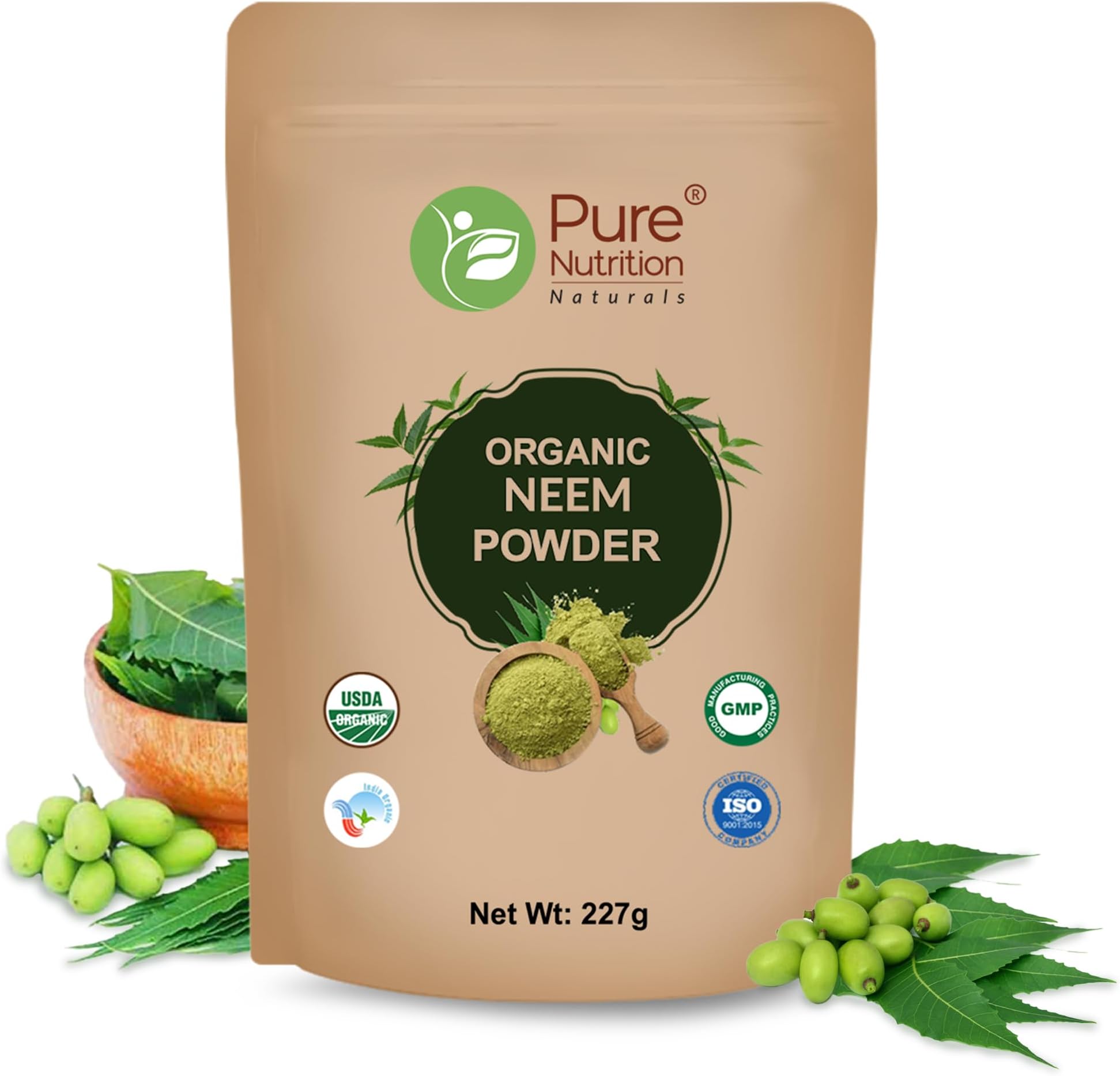 Pure Nutrition Organic Neem Leaf Powder (Azadirachta Indica) for Face Pack, Healhy Skin & Hair | Boosts Immunity & Digestion | 100% Pure, Free from Additives | Sun-dried | USDA Organic Certified | Edible Quality - 227g