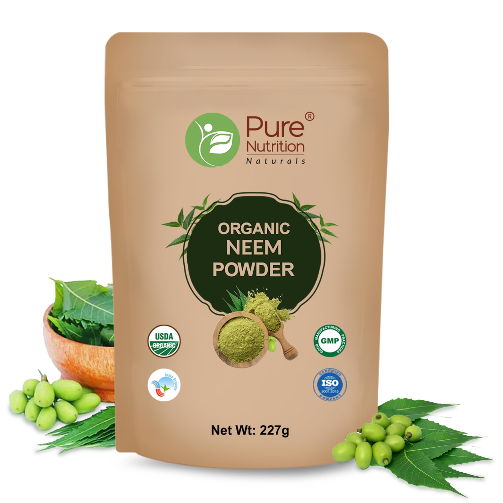 Pure Nutrition Organic Neem Leaf Powder (Azadirachta Indica) for Face Pack, Healhy Skin & Hair | Boosts Immunity & Digestion | 100% Pure, Free from Additives | Sun-dried | USDA Organic Certified | Edible Quality - 227g