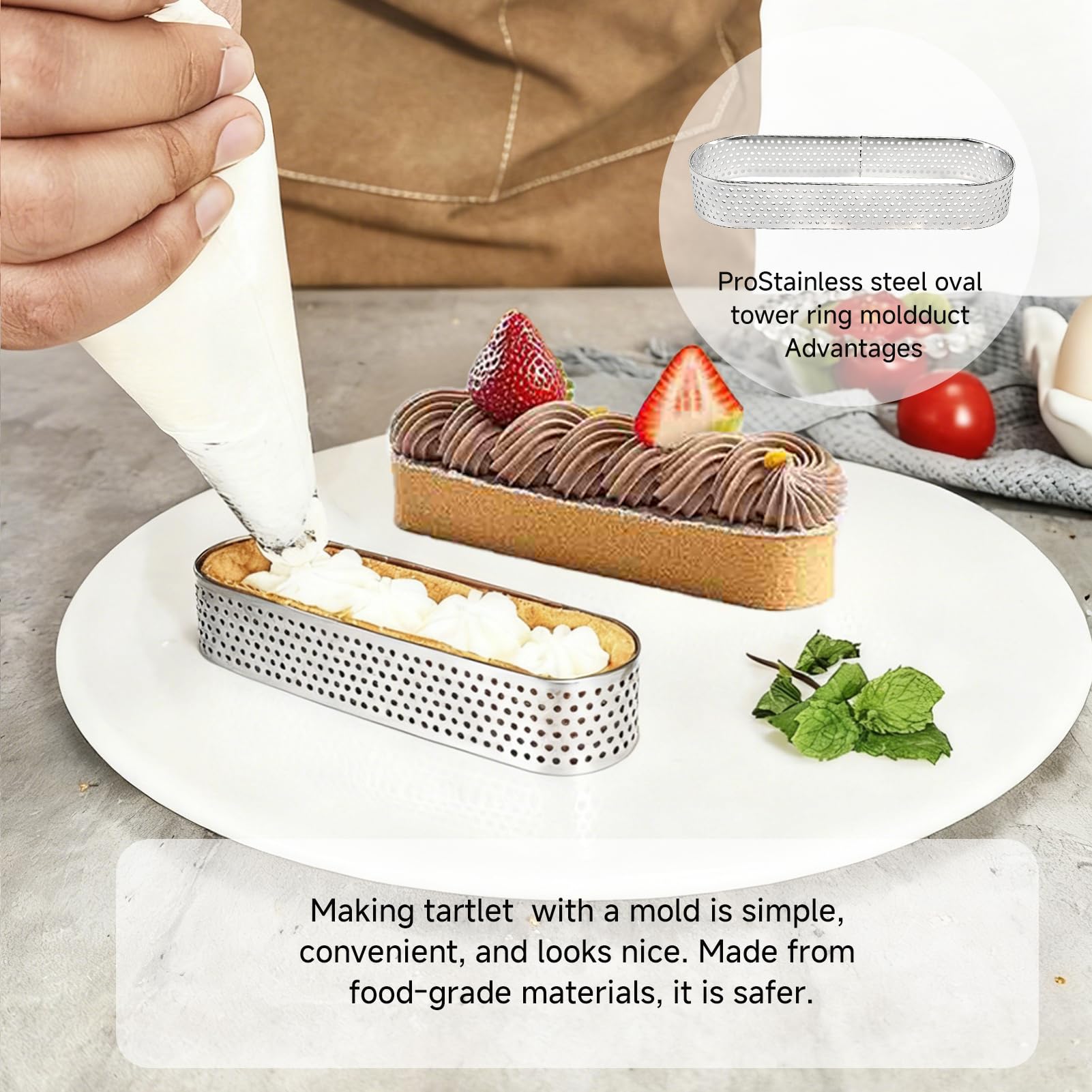 Cerchio per torta anello per torta di pasticceria, set di 6 stampi in acciaio inossidabile a forma ovale, resistenti al calore, perforati per torte in schiuma
