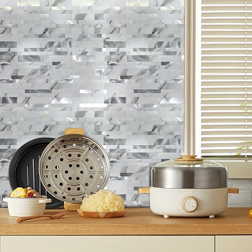 Miniatura 6 de YMMXGE 10 hojas de azulejos de mármol de piedra para salpicaduras de pared de PVC para cocina, 9.74 pies cuadrados (10, piedra blanca)