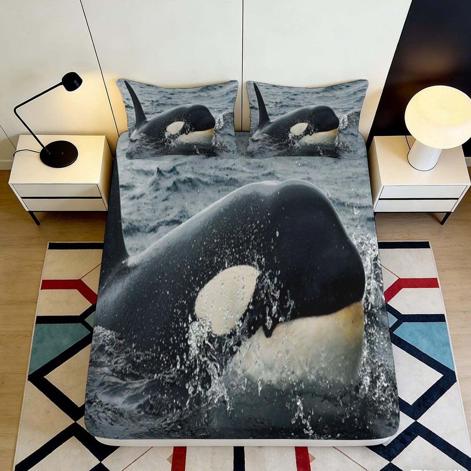 3D Printed Orca Ocean Fitted Sheet Microfiber Soft Waterproof Whale Mattress Cover for Bedroom Guest Room Decor 90x200x25cm