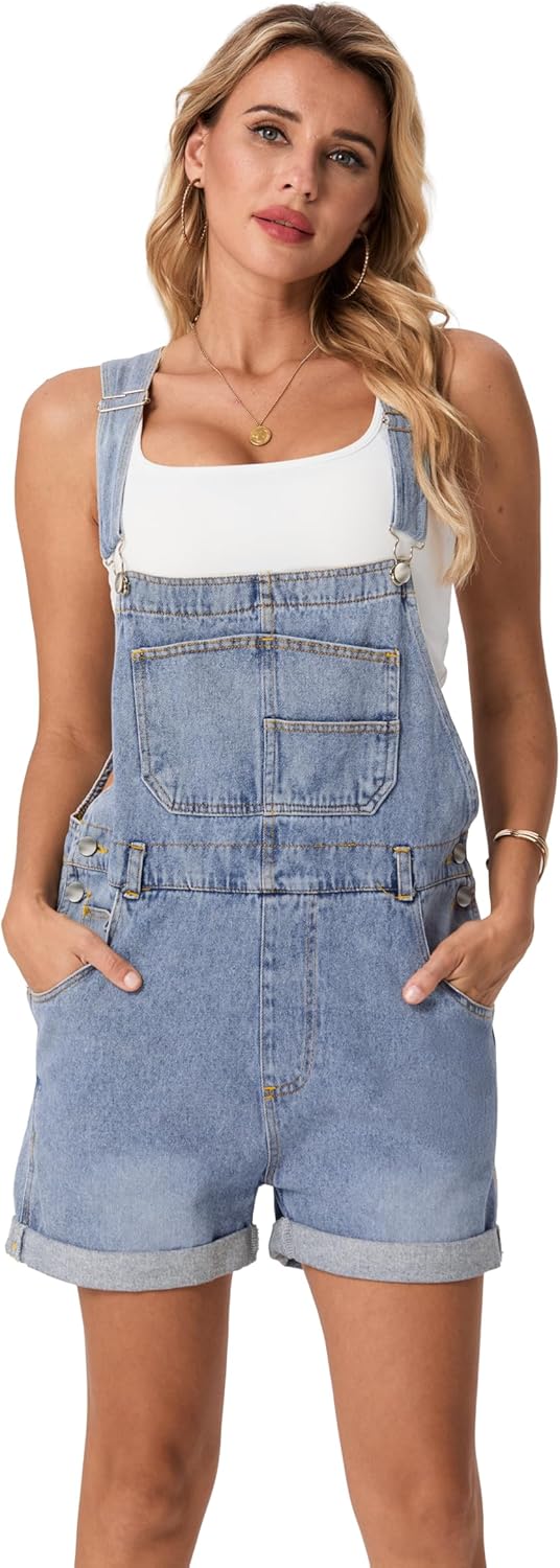 Lepunuo Rompers for Women Denim Overalls Summer Adjustable Casual Loose Fit Bib Jeans Short Jumpsuits Outfits