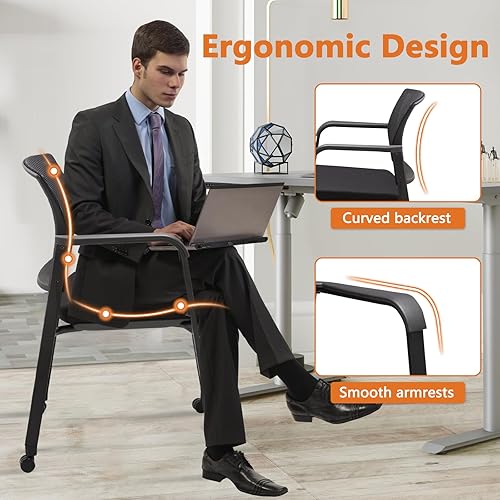Miniatura 5 de CLATINA Silla de sala de espera negra con ruedas y respaldo de malla apilable con asiento de tela tapizado y soporte ergonómico de madera para