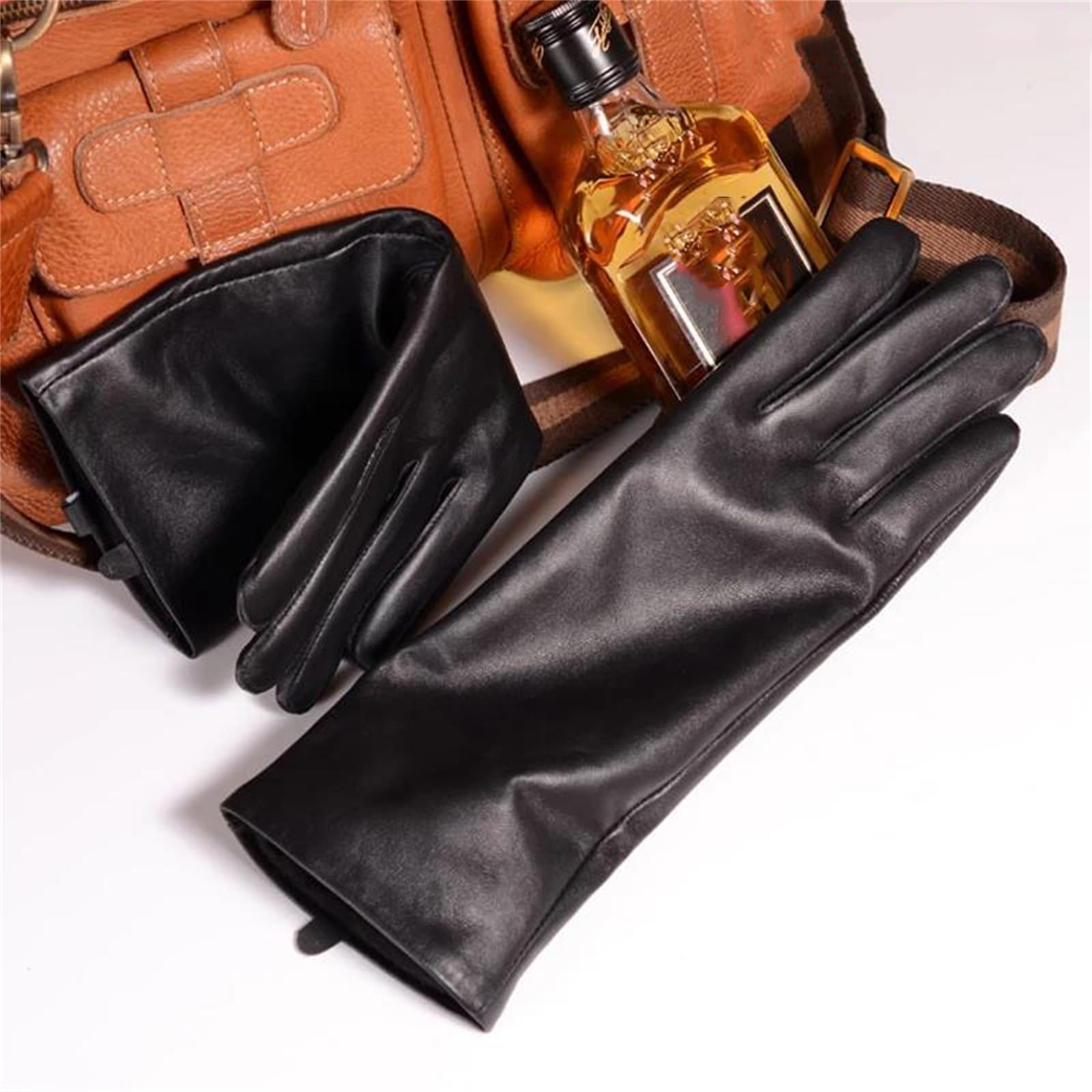Guantes largos de piel de oveja auténtica para hombre, color negro, longitud de ópera, gruesos, con forro polar cálido, guantes de ciclismo