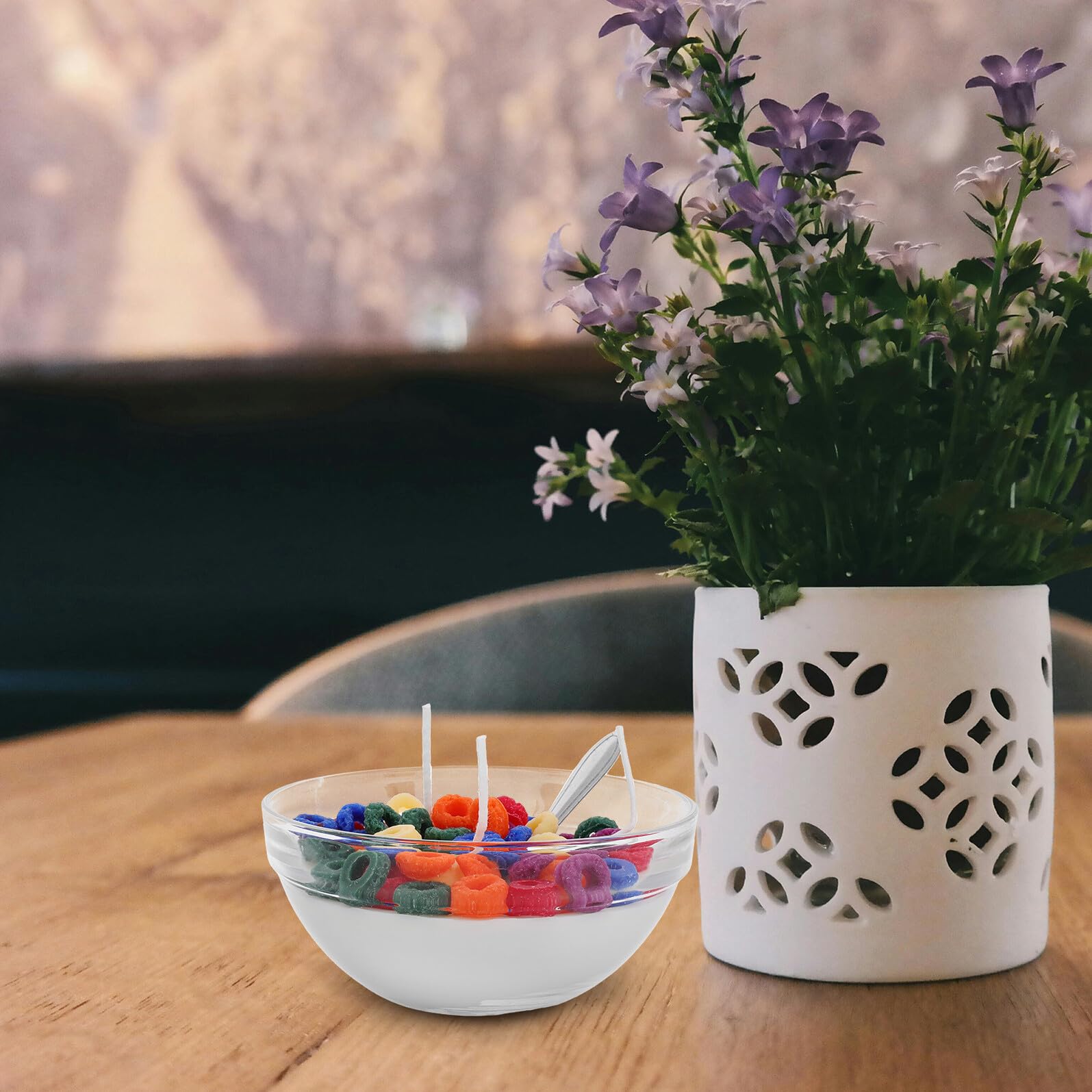 Veemoon Candela Profumata in Cera di Soia Forma di Ciotola per Cereali con Cucchiaio in Metallo Elemento Decorativo Realistico per Alimenti Accessori per Fotografia