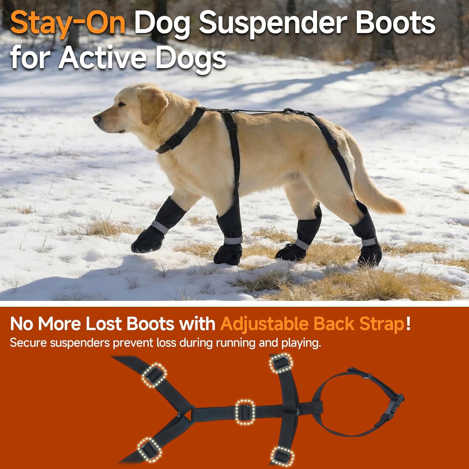 Dog Suspender Boots Reflective & Waterproof – Winter Dog Shoes for Walking, Hiking & Running, Adjustable, Non-Slip, Stay-On Pet Booties Paw Protectors for Medium Dogs, Black, Size XL