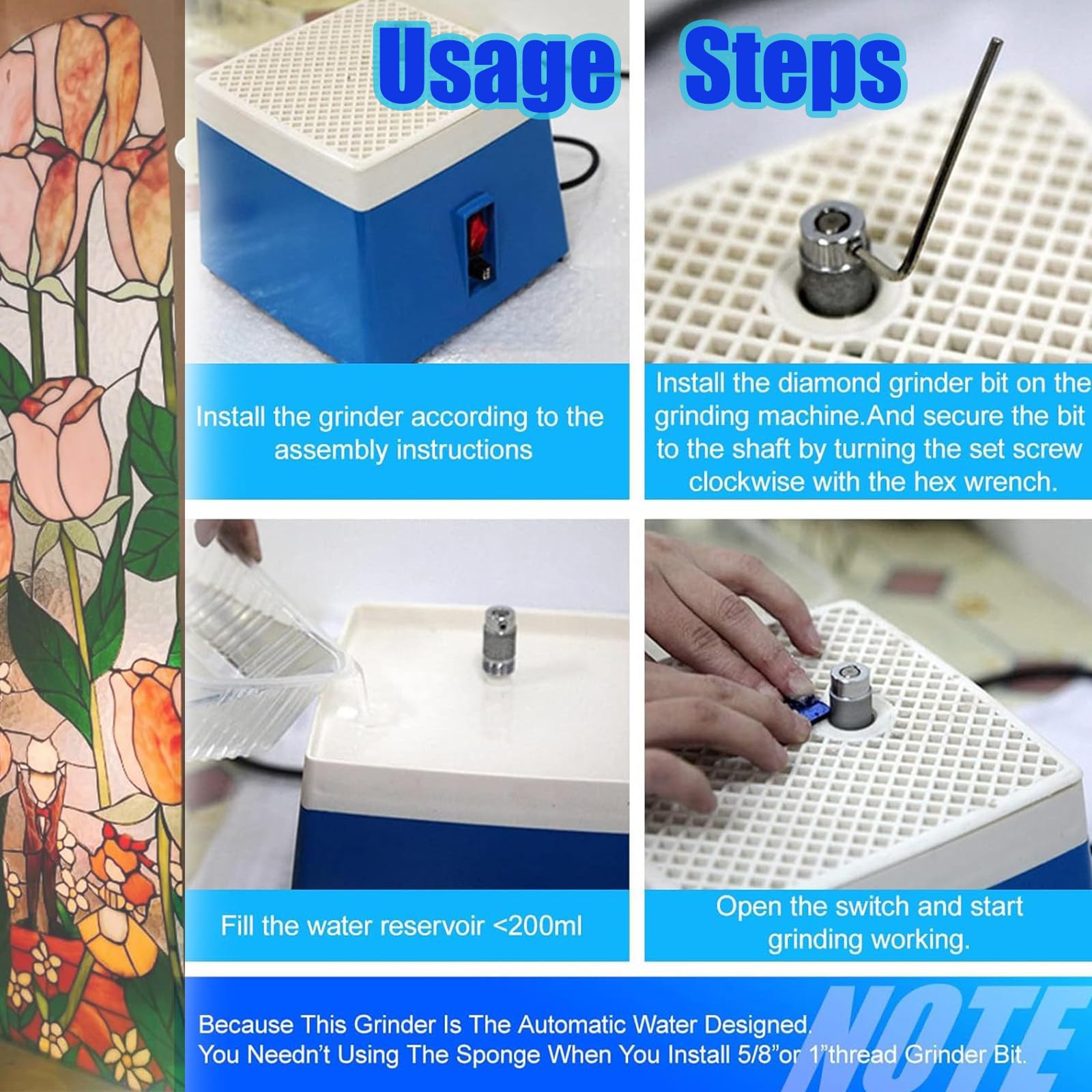 Przenośna mini szlifierka do szkła, szlifierka witrażowa do diamentowej powłoki ceramicznej Art DIY, w zestawie końcówki szlifierskie, używana do obróbki materiałów o twardości,Blue