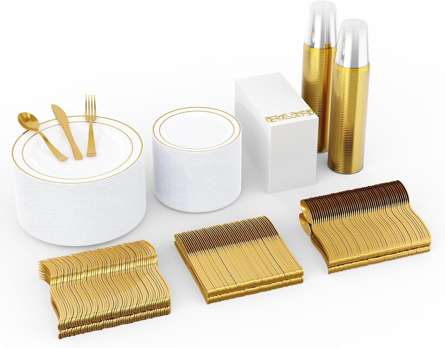 JOLLY CHEF 700 Count Gold Dinnerware Set-200 Plastic Plates- 300 Gold Plastic Silverware-100 Cups-100 Disposable Hand Towel- Dinnerware Set for Halloween, Christmas, Thanksgiving