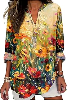 Sponsored Ad - Womens Floral Boho Shirts V Neck Plus Size Tunic Tops 3/4 Long Sleeve T-Shirts for Women Blouses Dressy