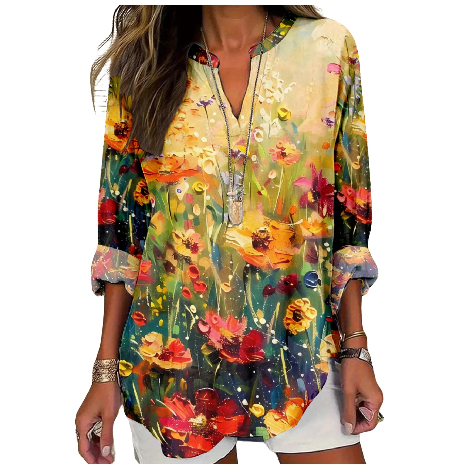 BIVENANT Long Sleeve Tunics for Women Floral Boho Tunic Tops Graphic Women 3/4 Sleeve Ladies Blouses V Neck Shirts 2024