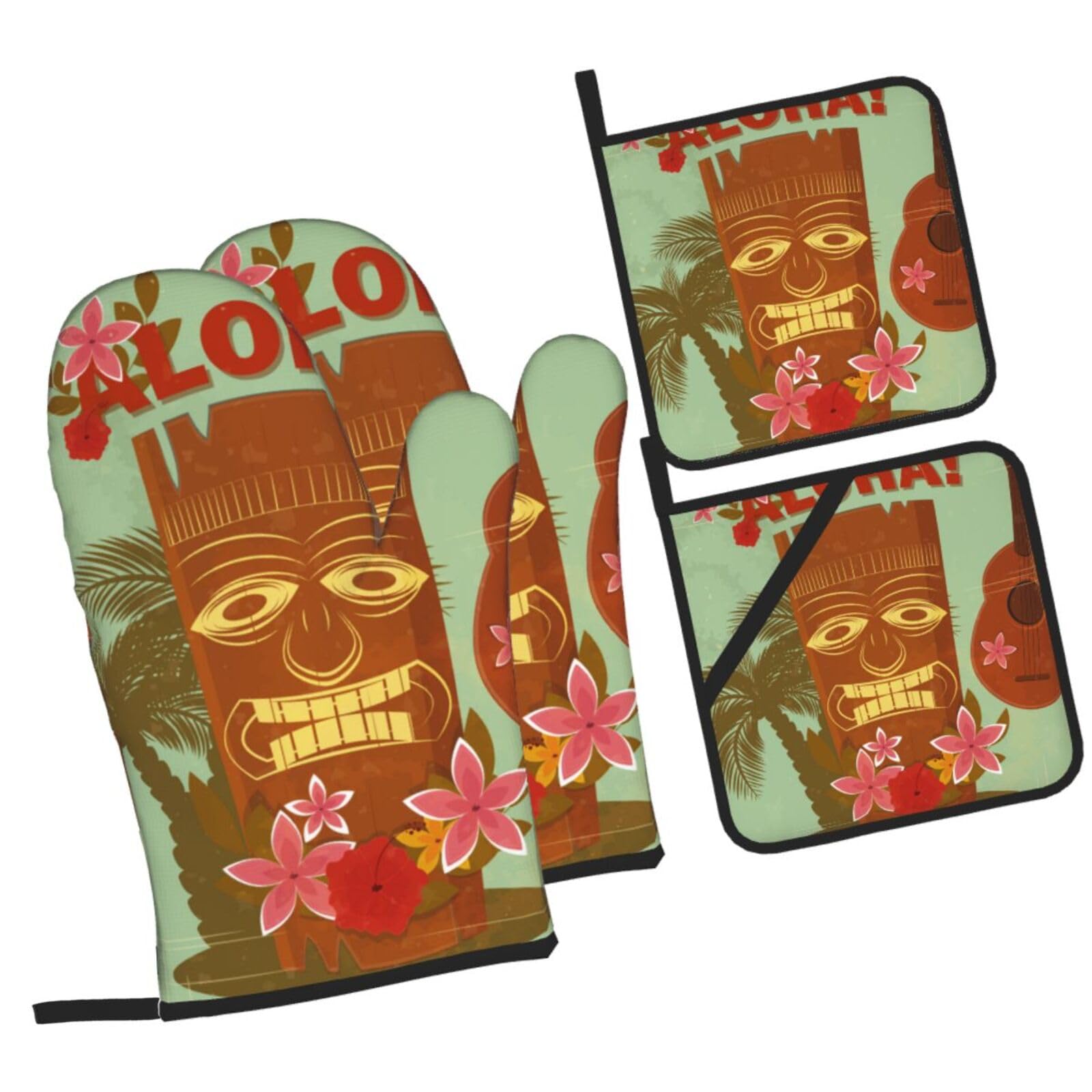 Hawaii Printed Oven Mitts and Pot Holders Heat Resistant Set of 4 Pcs, Modern Kitchen Gloves & Potholders for Cooking Baking Grilling