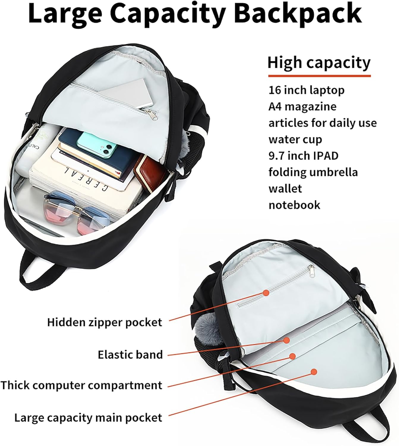 Large Backpack Girl Backpack Teen Girls Bookbag College Women Middle High School School Bag For Big Student Laptop Backpack (Black)