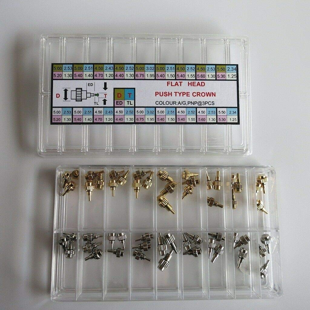 ZEZEFUFU 54 Pack Chronograph Button Drive in Watch Pusher Flat Head Push Type Crown Assortment Replacement Repair Accessories Gold&Silver