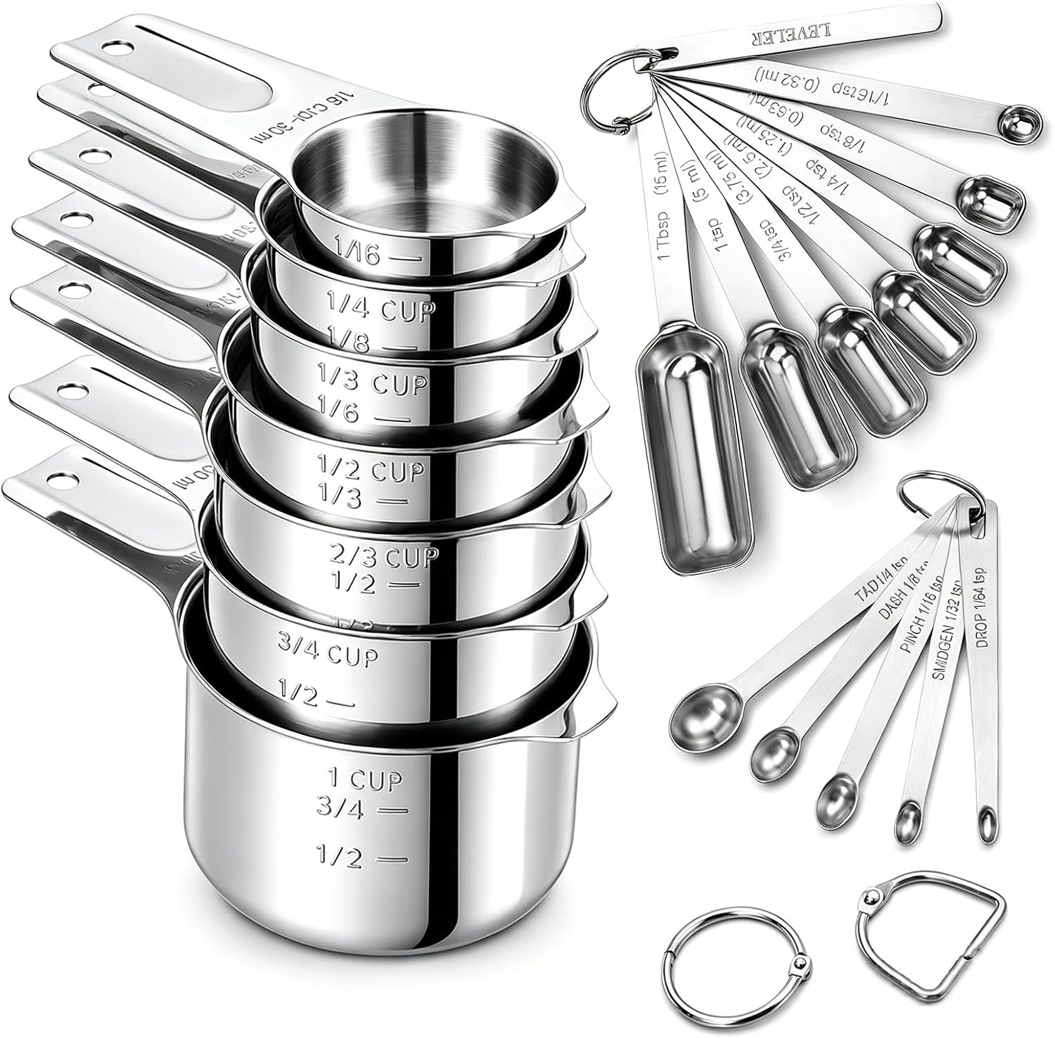 20Pcs Measuring Cups and Spoons Set, Includes 7 Stainless Steel Stackable Nesting Measurings, 7 Measuring Spoons, 1 Leveler & 5 Mini Teaspoons for Cooking & Baking, Heavy Duty Ergonomic Handle, Silver