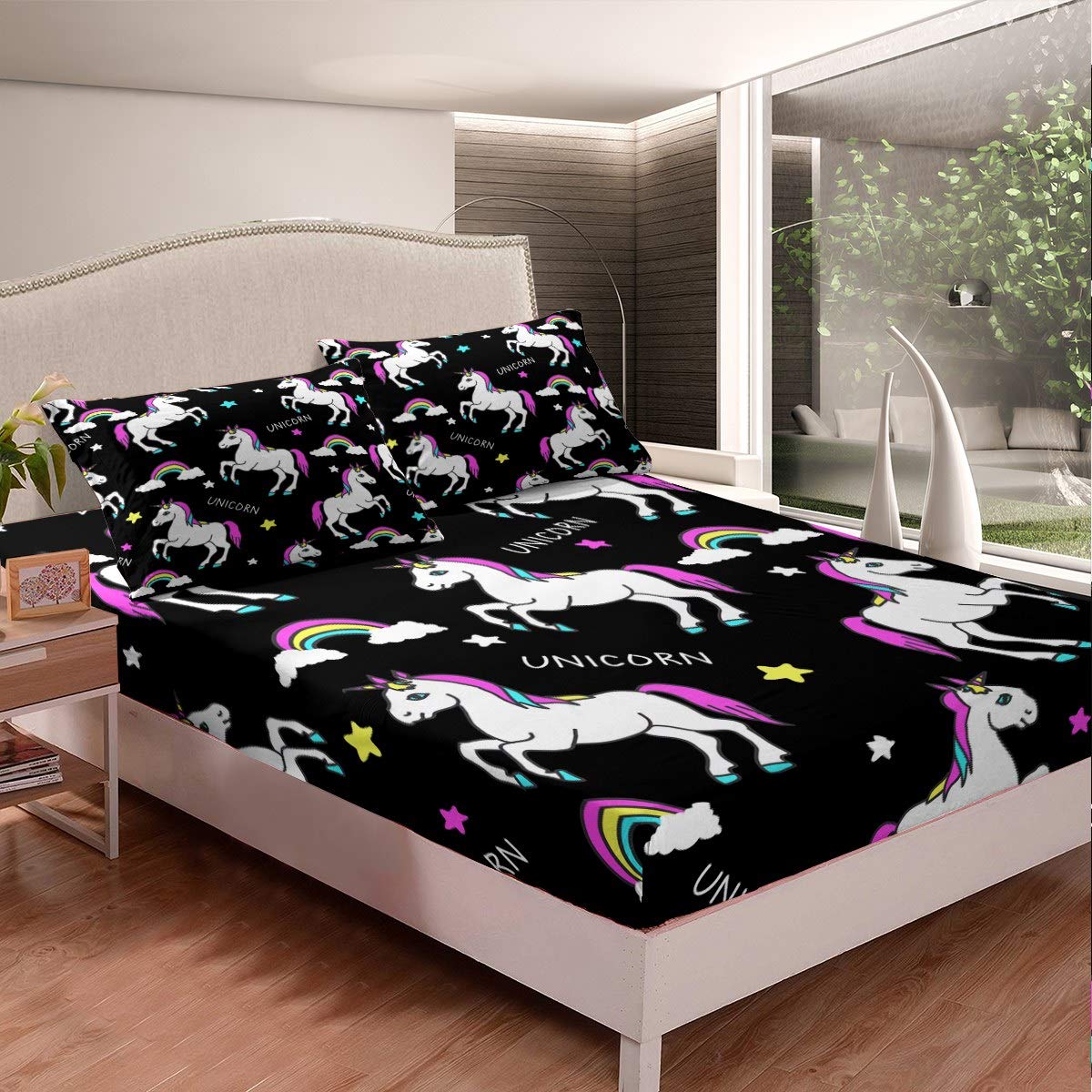 Loussiesd Girly Unicorn Fitted Sheet Girls Cute Dreamy Horse Bedding Set Kids Cartoon Magical Animal Bed Sheet Set for Children Toddler Fantasy Unicorn Rainbow Bed Cover Room Decor King Size