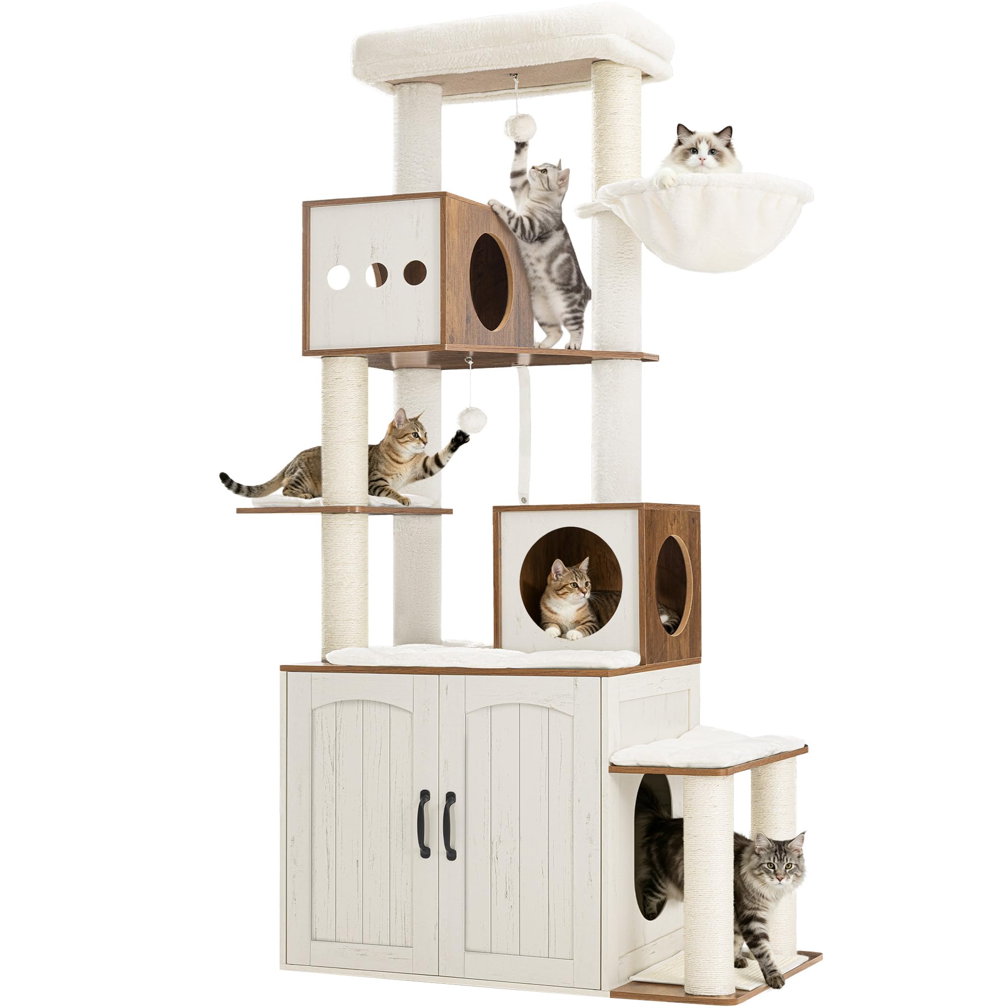 Arbre à Chat avec Litière, 190 cm Tour Moderne d'Intérieur avec Poteaux à Griffer, Plateforme de Saut Amovible, Deux Grottes, Plateforme, Coussins Lavables, Blanc et Marron FPMS013PWR1
