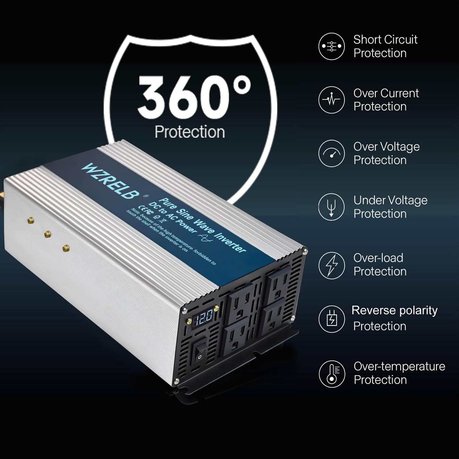 WZRELB 2000W Pure Sine Wave Inverter 72V DC to 110V 120V AC,Car Power Inverter with 4 AC Outlets, LED Display,Off-Grid Portable Power Converter for Home, RV, Truck, Camping