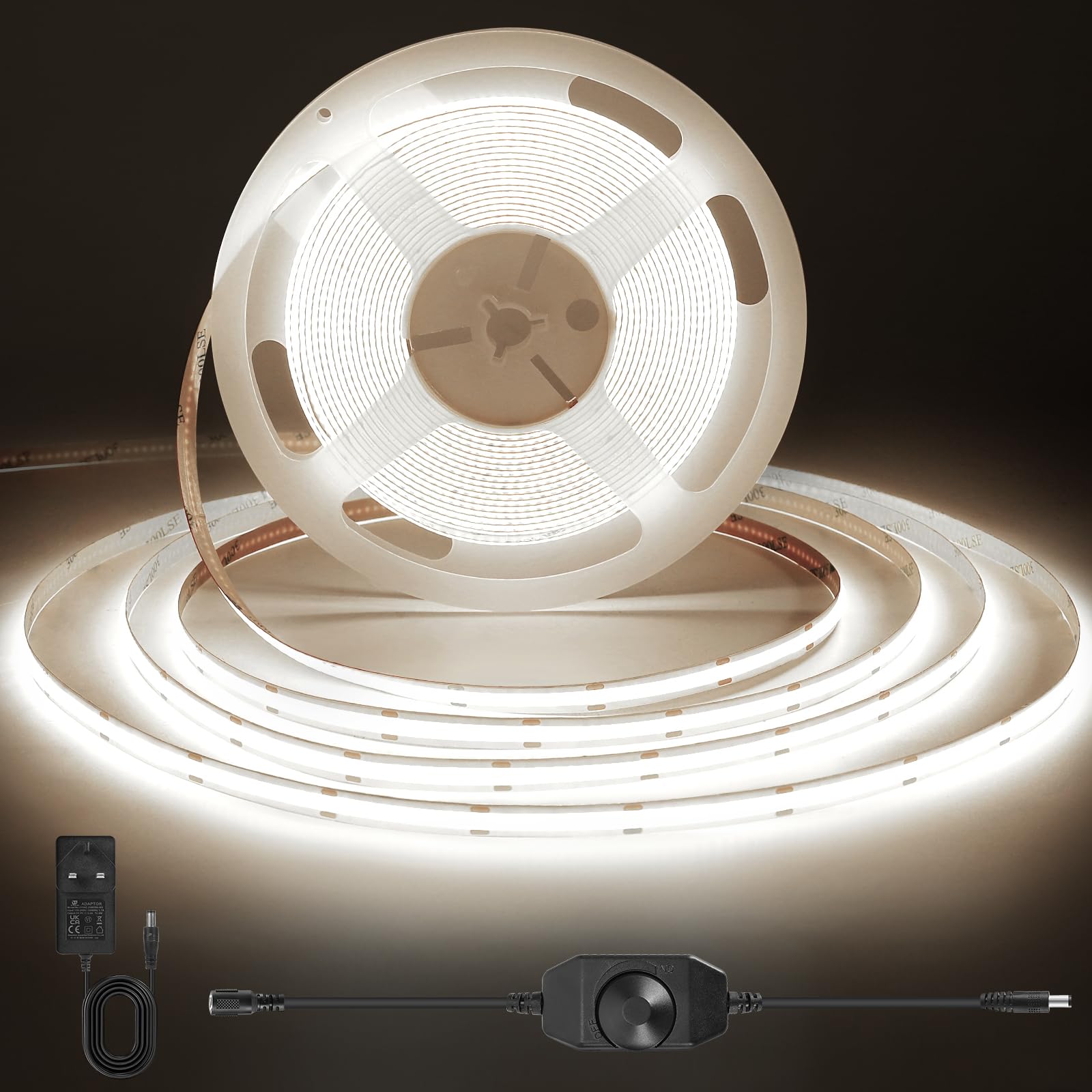ACELUMO 3m COB LED Strip with Dimmer, Dotless LED Tape with Power Supply, CRI 92+, 8mm Wide, Natural White LED Strip for Indirect Lighting in Kitchen Countertop, Wardrobe, Hallway, Living Room, 4000K