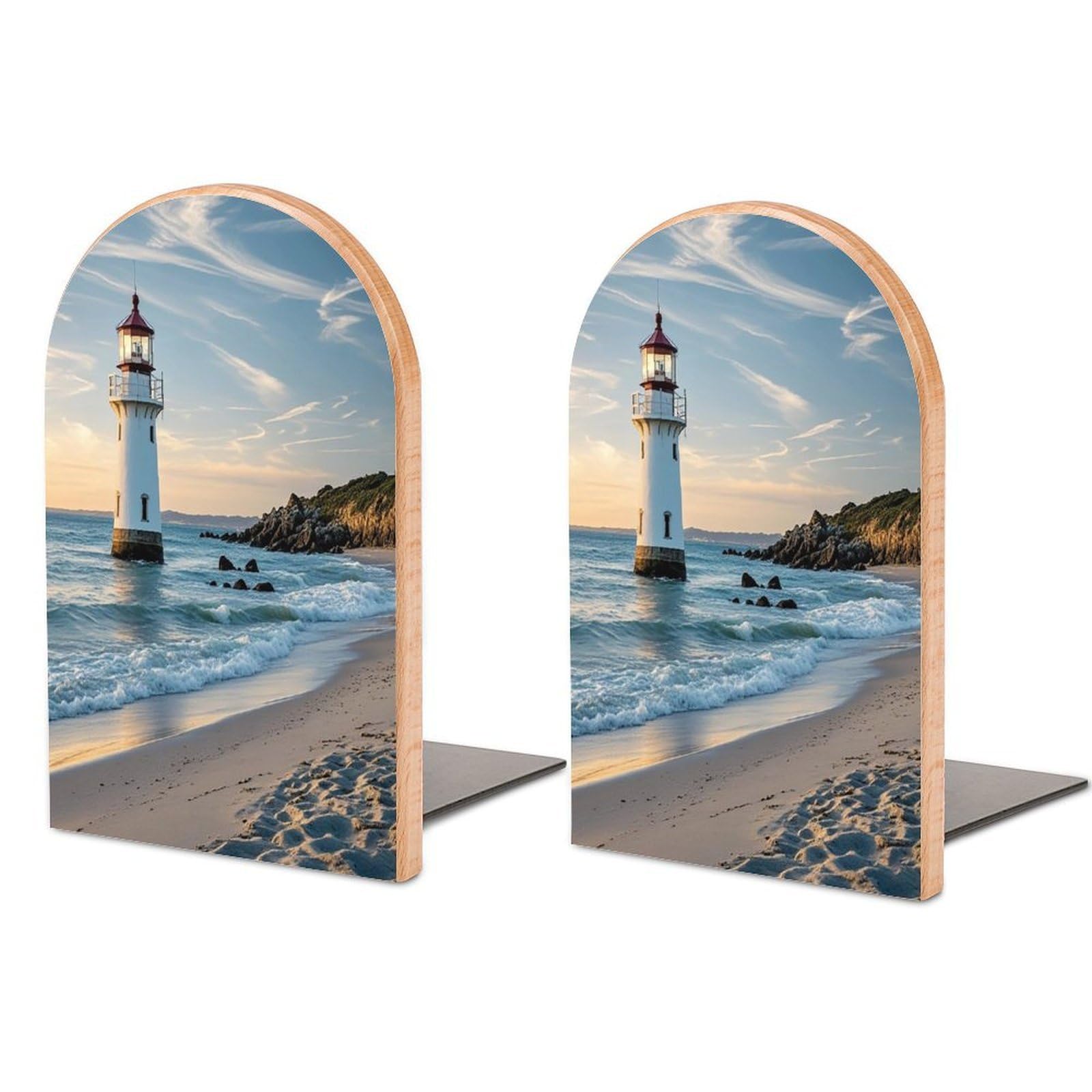 Beach Lighthouse Bookend for Shelves Unique Book End Sturdy Books Holder Heavy Duty Wooden Bookends Support Non-Slip Book Organizers Decorative Modern Bookend Holder for Home