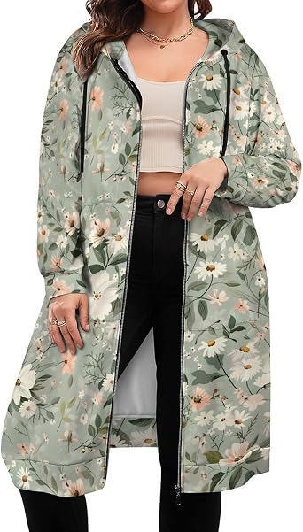 Womens Zip Up Long Hoodie Jacket Floral Print Oversized Hooded Sweatshirt Open Front Cardigan