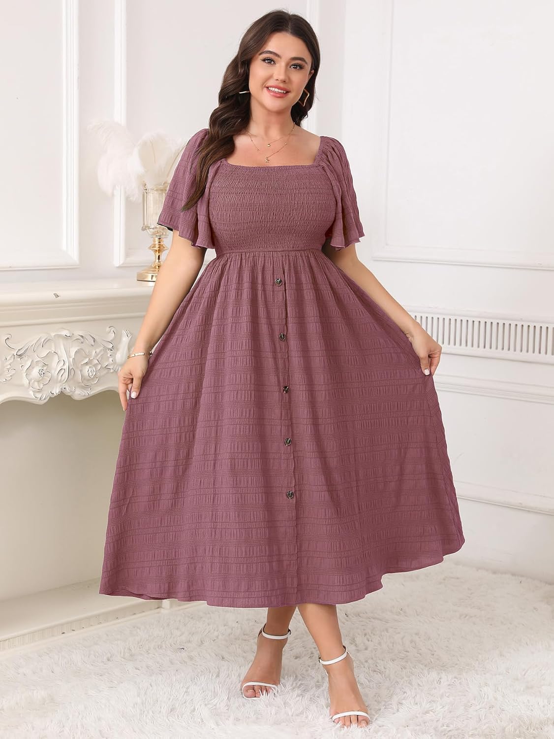 Plus Size Casual Maxi Boho Dress for Curvy Women Short Sleeve Square Neck Smocked Summer Beach Dresses Button Down - Image 2